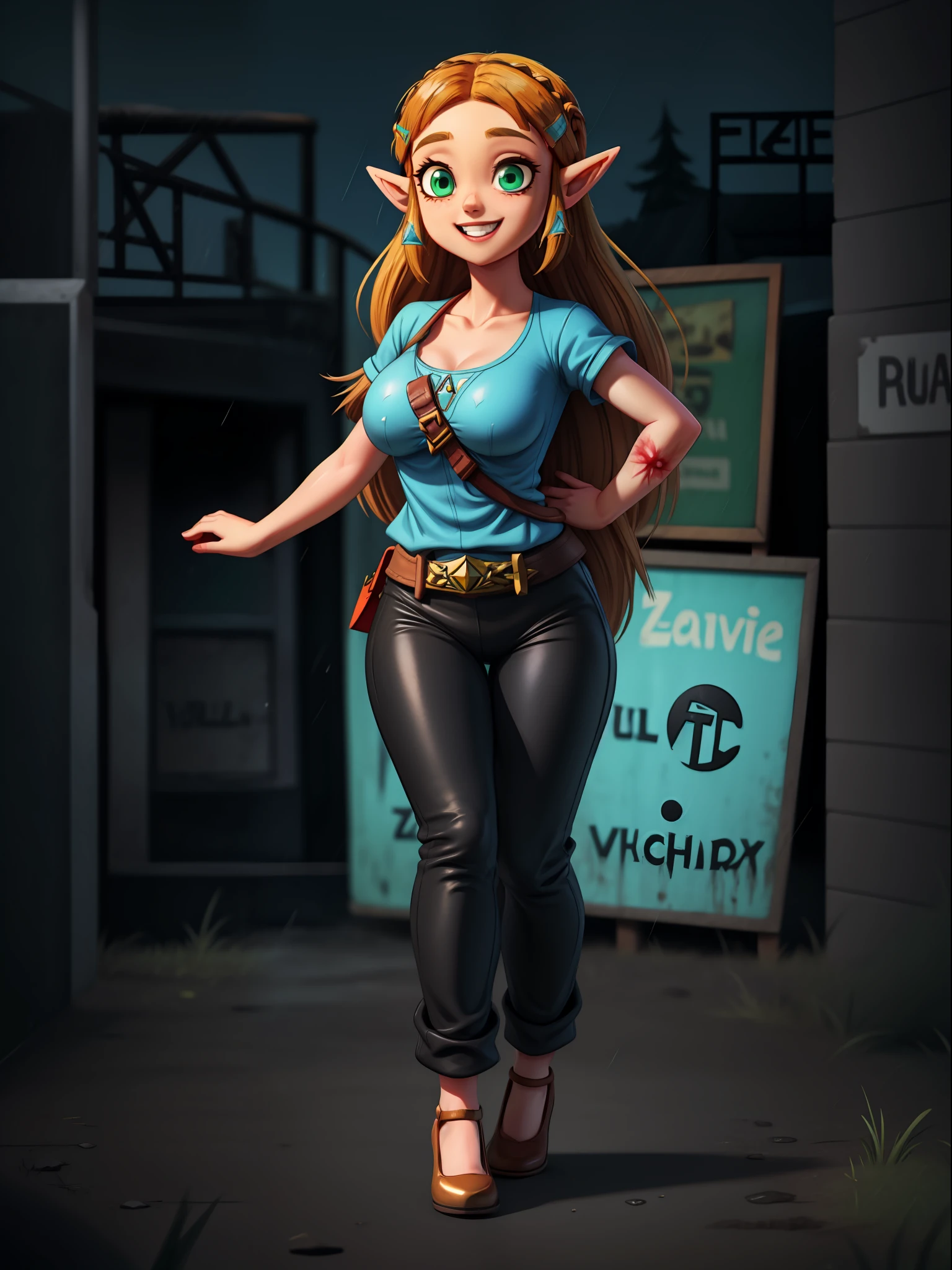 ((full body):1.5) ((Princess Zelda and Zombies):1.2) Princess Zelda:{blue shirt and long black pants, shirt and pants extremely tight around her body, she has extremely heavy breasts, has short blue hair, has green eyes, is doing sexual pose, smiling, she is walking}; background: {grisly city, night, raining heavily, various zombies}, 16k, high quality, high details, UHD,