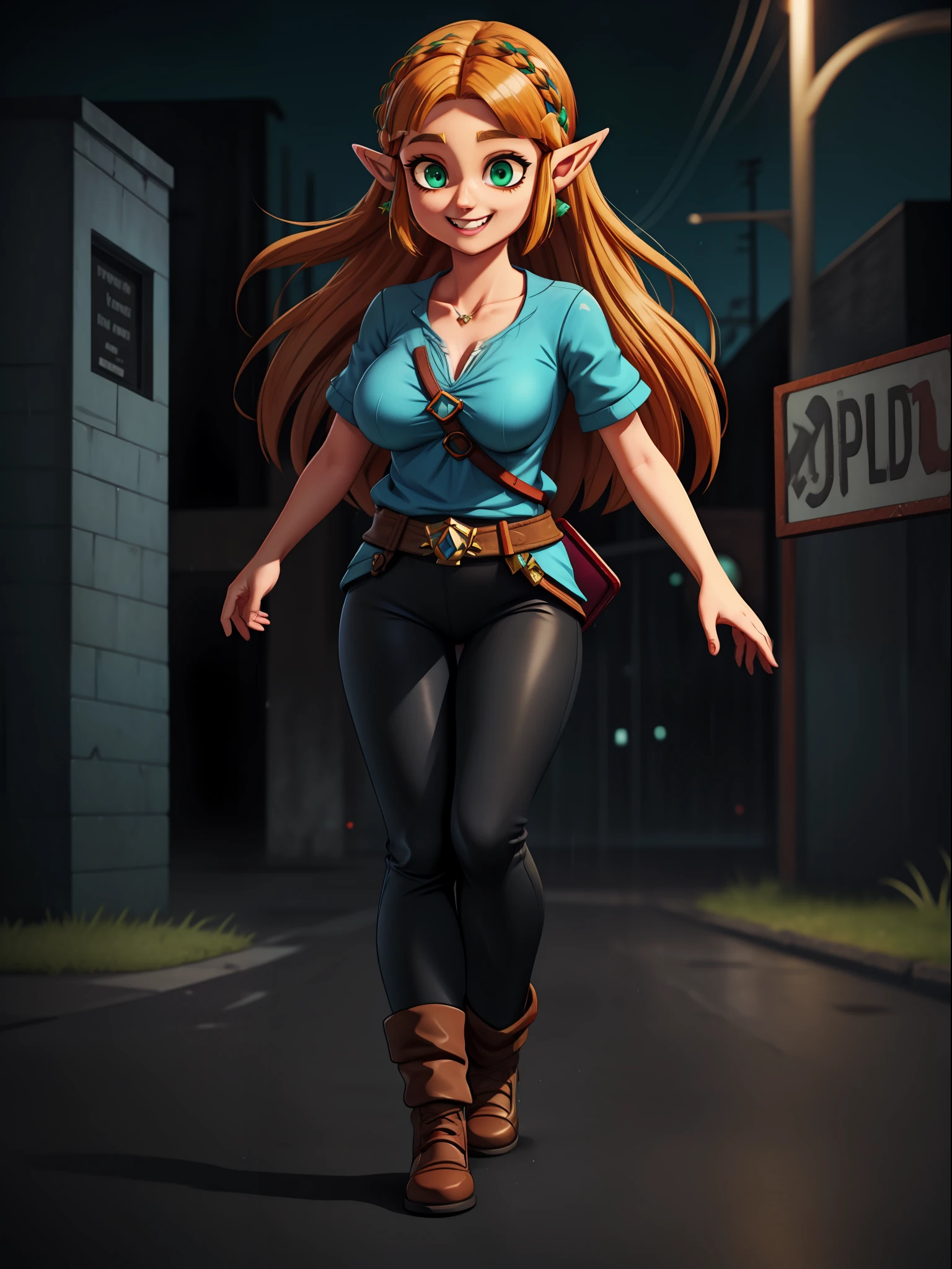 ((full body):1.5) ((Princess Zelda and Zombies):1.2) Princess Zelda:{blue shirt and long black pants, shirt and pants extremely tight around her body, she has extremely heavy breasts, has short blue hair, has green eyes, is doing sexual pose, smiling, she is walking}; background: {grisly city, night, raining heavily, various zombies}, 16k, high quality, high details, UHD,