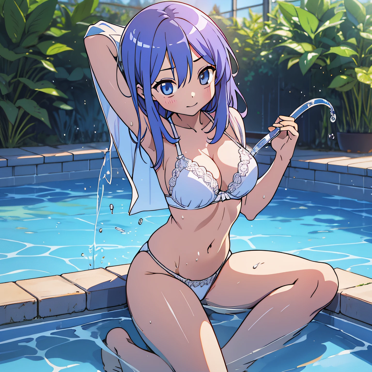 Kagami Hiiragi、Tsukasa Hiiragi、Lori、Micro Bikini、kissed、2girls、{{{Sheer underwear}}}、{{Wet skin}}、{{Wet clothes}}、(masterwork)、(best qality)、 (ultra- detailed)、(the best illustration)、light purple hair、ars old、NSFW、NSFW、Master Masterpiece, Professional lighting、Clean skin、 Slender, Very cute, Young face, Sheer clothes、Wet clothes、 looking a viewer, Dari bawah、Lower breast、bra less、White panties、Sheer underwear、Wet body , (grabbing own breasts:1.2)、 sit、Open legs、Raise your legs、Watered、splashed water、Blue rubber hose、Hose that wraps around the body、Water rushing out of the hose、sweatdrop、pool、blue sky、Sunlight、rainbow