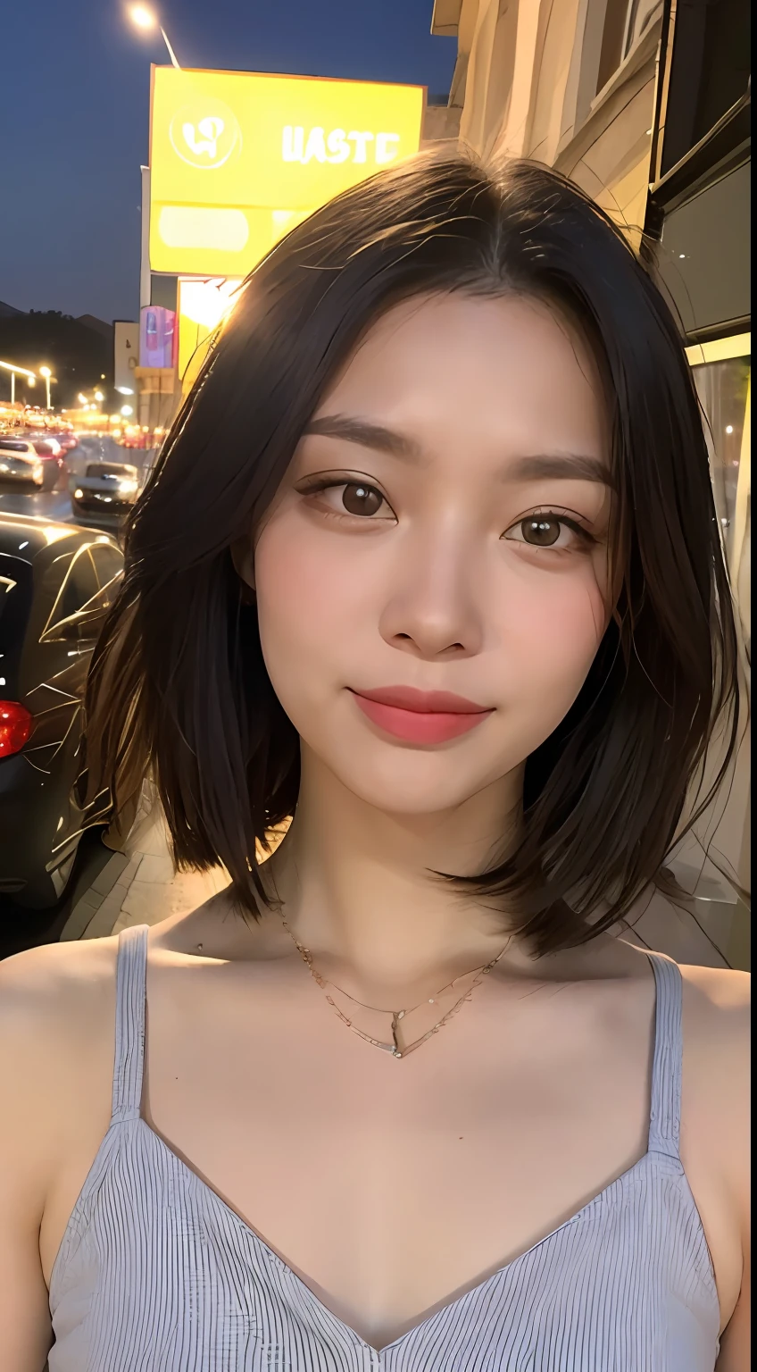 ((best qualiy、A masterpie:1.3))、(sharpening Focus:1.2)、(Realstic、photorealestic:1.37)、Perfect beautiful woman、Highly detailed facial and skin texture、Detailed eyes and double eyelids、Small smile、Shortcut Hair、Smaller bust、Small necklace、Light-colored cotton summer dress、Street at night、traffic jam、