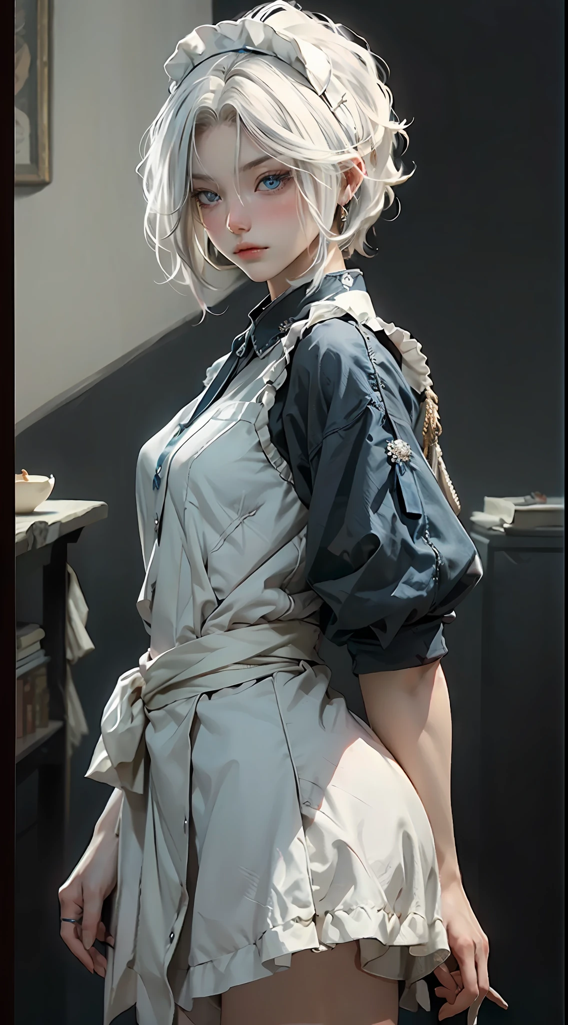 A cool man, muscular man, stony, wearing maid, white hair, short hair,  blue eyes