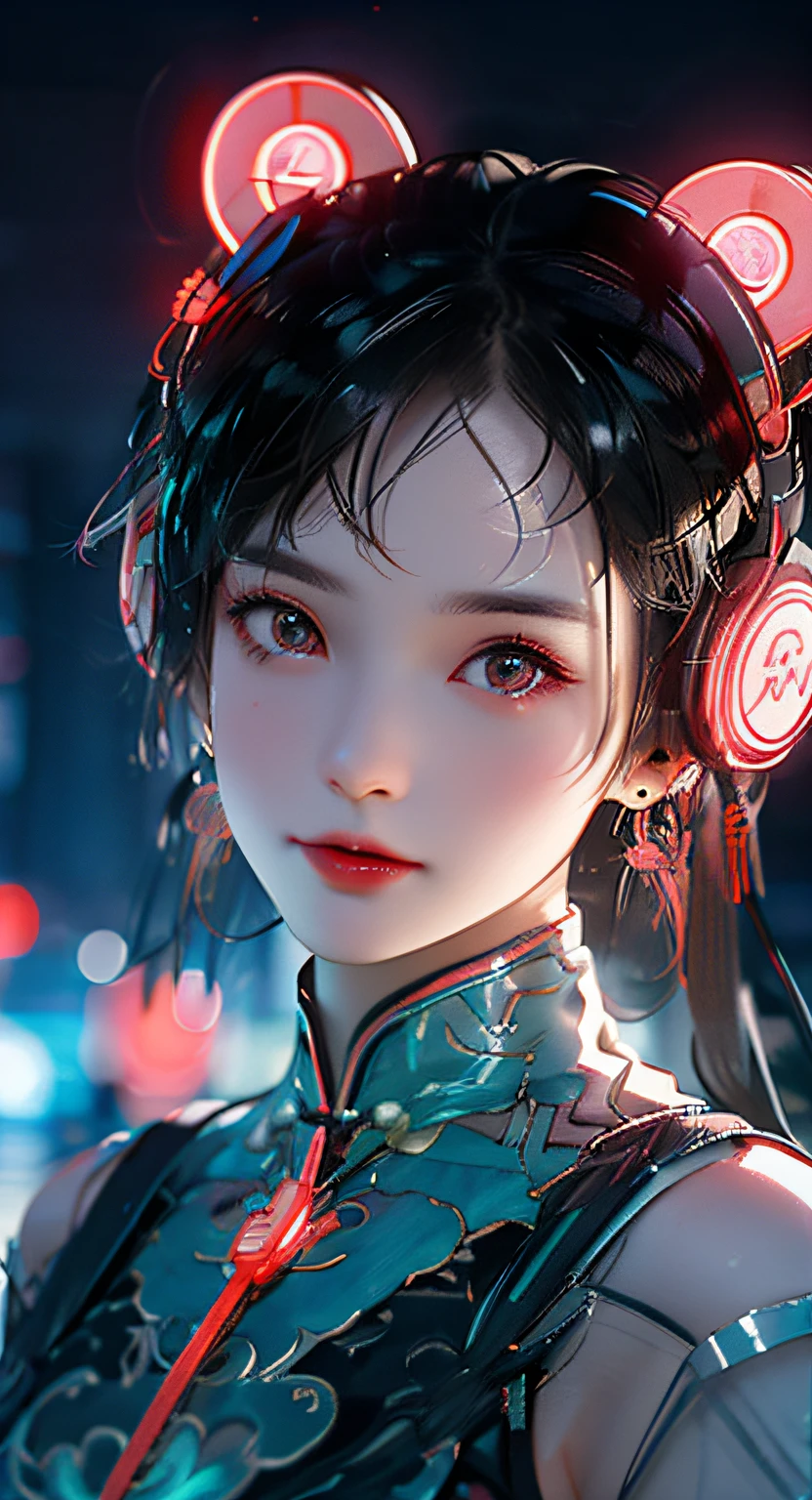 1 girl, Chinese_clothes, liquid silver and pink, cyberhan, cheongsam, cyberpunk city, dynamic pose, glowing headphones, glowing hair accessories, long hair, glowing earrings, glowing necklace, cyberpunk, high-tech city, full of mechanical and futuristic elements, futuristic, technology, glowing neon, pink, pink light, transparent tulle, transparent streamers, laser, digital background urban sky, big moon, with vehicles, best quality, masterpiece, 8K, character edge light, Super high detail, high quality, the most beautiful woman in human beings, micro smile, symmetrical left and right face, an antenna for ears, beautiful pupil light effects, visual data