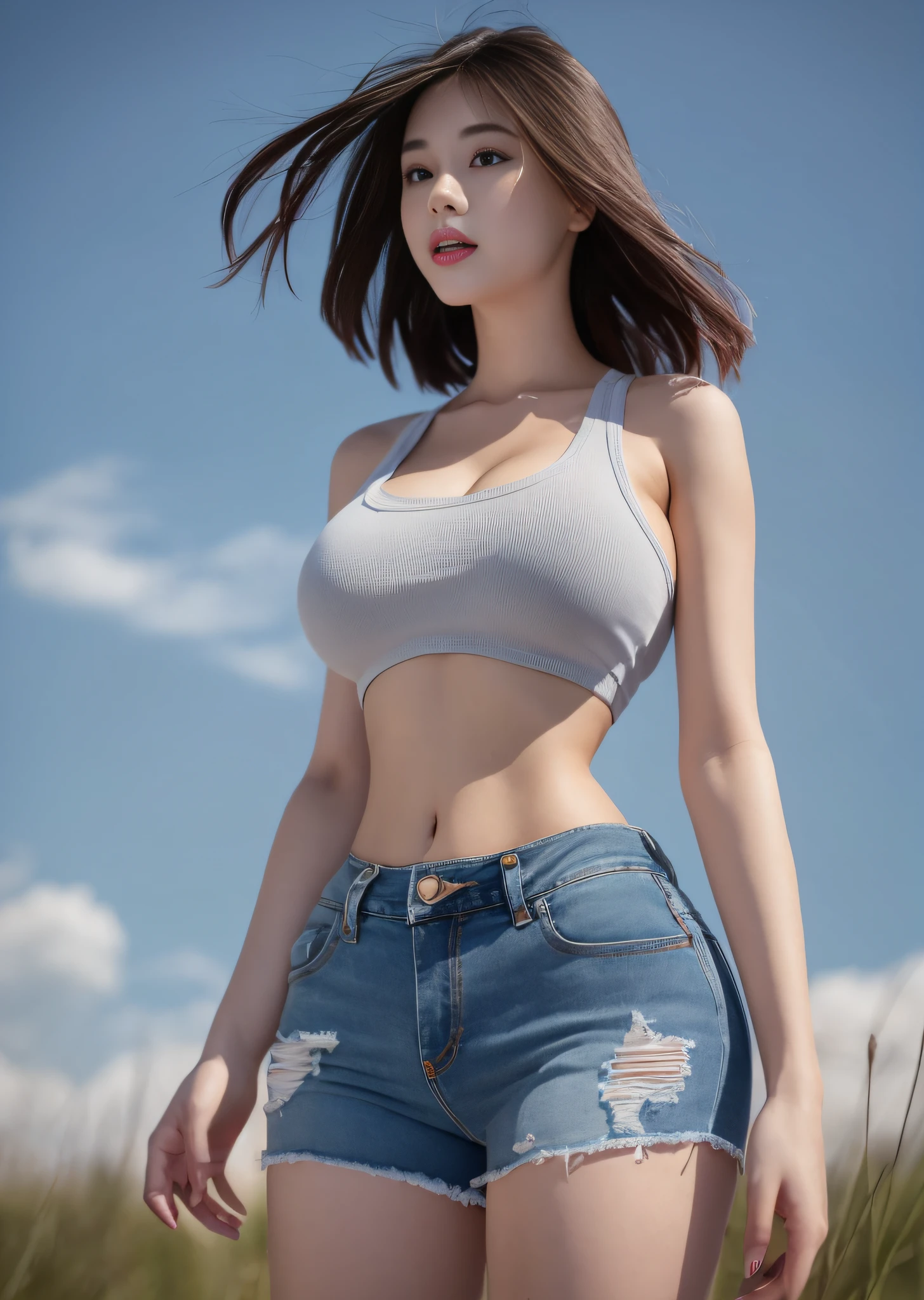 beautiful skyline, large grasslands, A girl in torn crop top and distressed blue denim short shorts, perfect body: 1.4, Slim abdomen: 1.2, gigantic breasts,