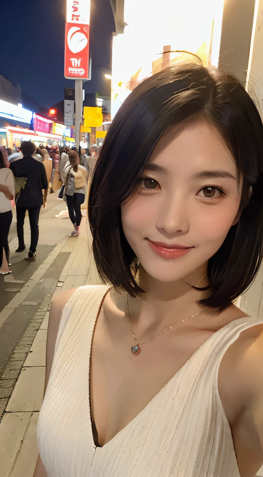 ((best qualiy、A masterpie:1.3))、(sharpening Focus:1.2)、(Realstic、photorealestic:1.37)、Perfect beautiful woman、Highly detailed facial and skin texture、Detailed eyes and double eyelids、Small smile、Shortcut Hair、Smaller bust、Small necklace、Light-colored cotton summer dress、Street at night、traffic jam、