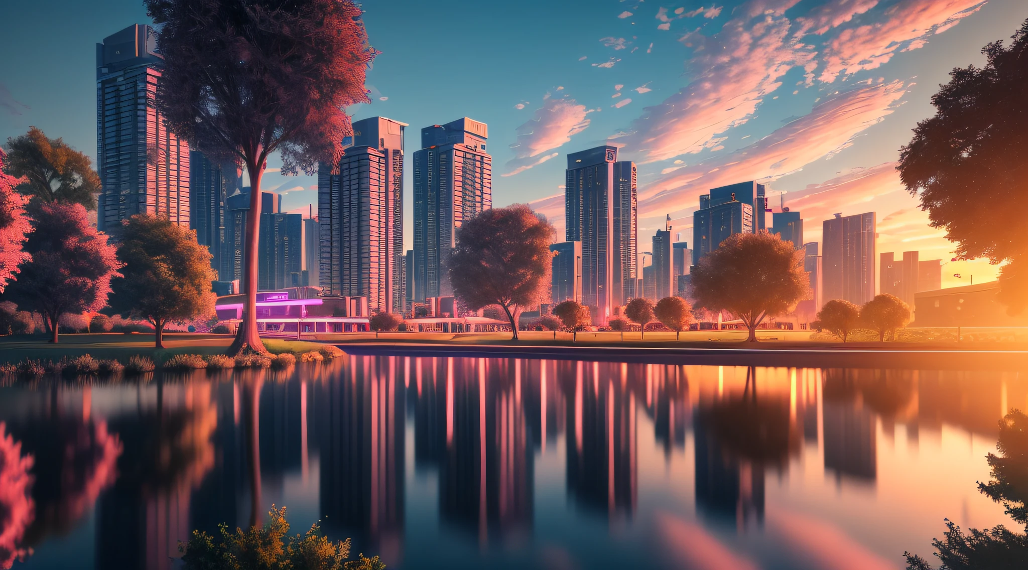 A futuristic city. With neon signs. A large park, with trees and a pond. Realistic. 8k. Detailed. Sunset. Volumetric clouds.