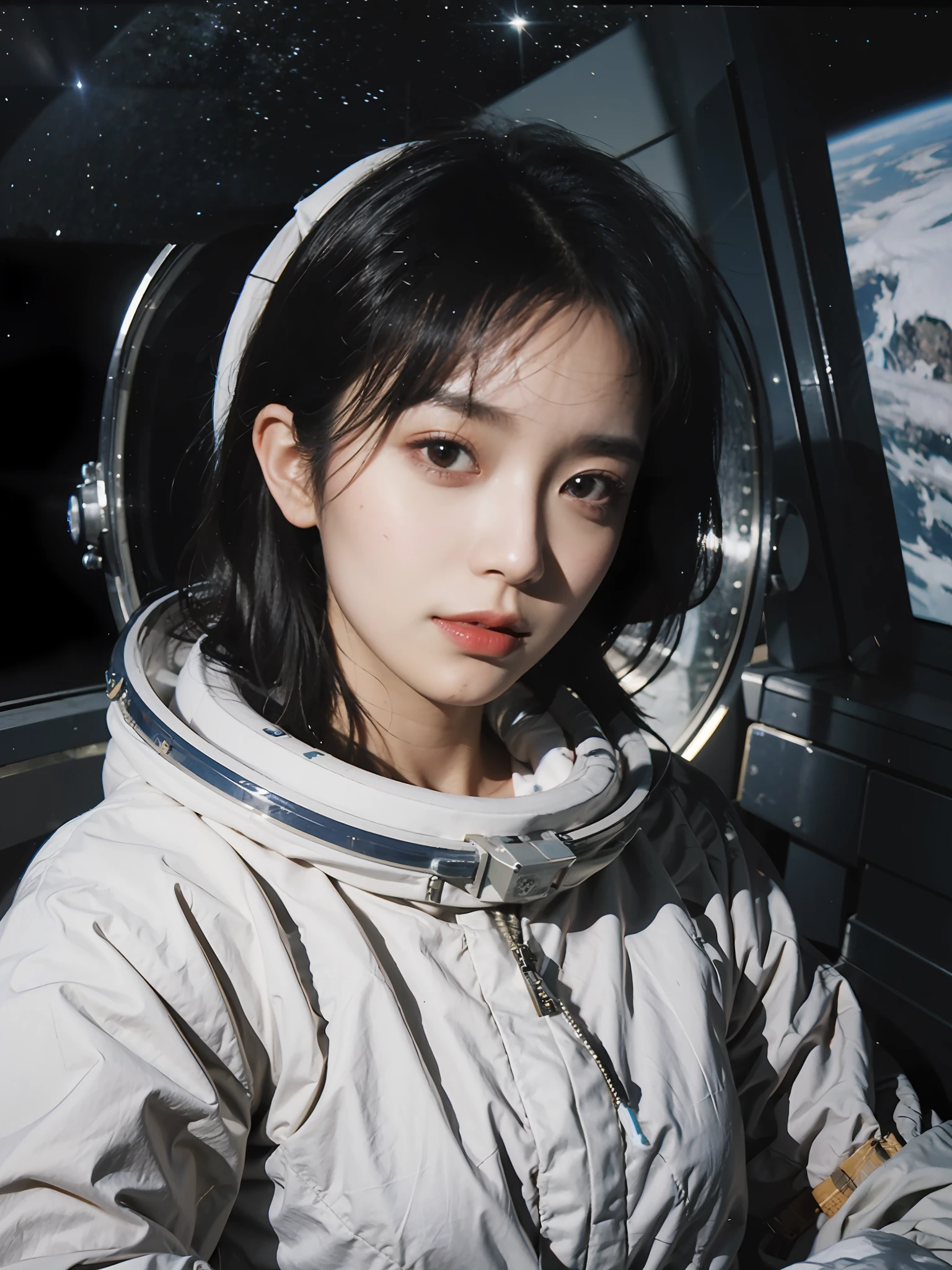 best quality,masterpiece,1girl of a Imaginative Macanese Female Page,Crude hair, space, wearing spacesuit, in space station,Cel shaded, anaglyph effect, ultra high res,Extremely Detailed Official Unity 8K Wallpapers,ultra high res,ultra high quality,The background is the sea,