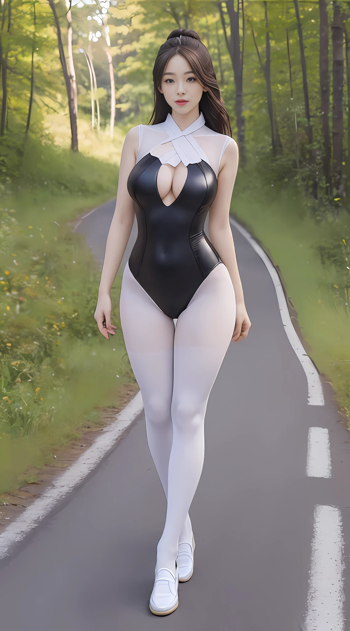 8K,Best quality,Real image,Intricate detail,Ultra detail,Ultra high definition,Depth field,Masterpiece,1girl,(full body),perfect glossy skin,perfect skin,legs,highleg leotard,white pantyhose,loafers,walking, road in forest , wsal, curvy hourglass body.