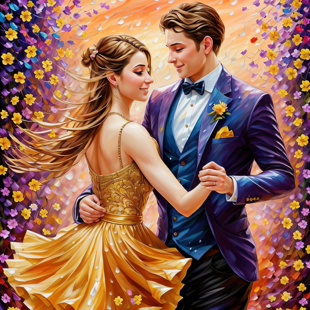 Young couple dancing on the Jupiter at sunrise, 8k, intricate detail, hyperdetailed, vibrant colors, a faded golden petals rain on the background, professional photo, art by Leonid Afremov,(art by argerm)