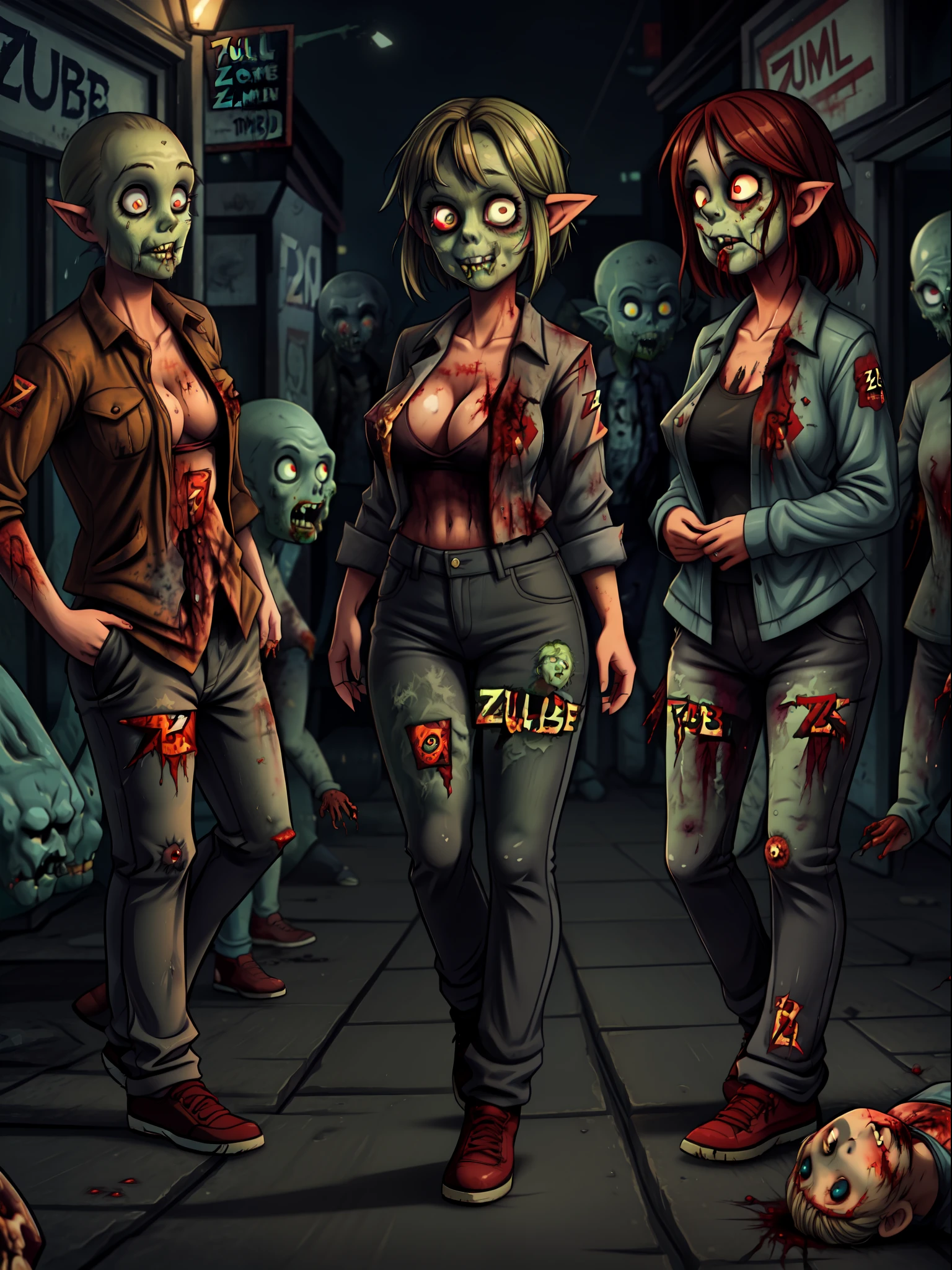 ((full body):1.5) ((1Woman and Zombies):1.5) Princess Zelda:{blue shirt and long black pants, shirt and pants extremely tight around her body, she has extremely heavy breasts, has short blue hair, has green eyes, is doing sexual pose, smiling, she is walking}; background: {grisly city, night, raining heavily, various zombies}, 16k, high quality, high details, UHD,