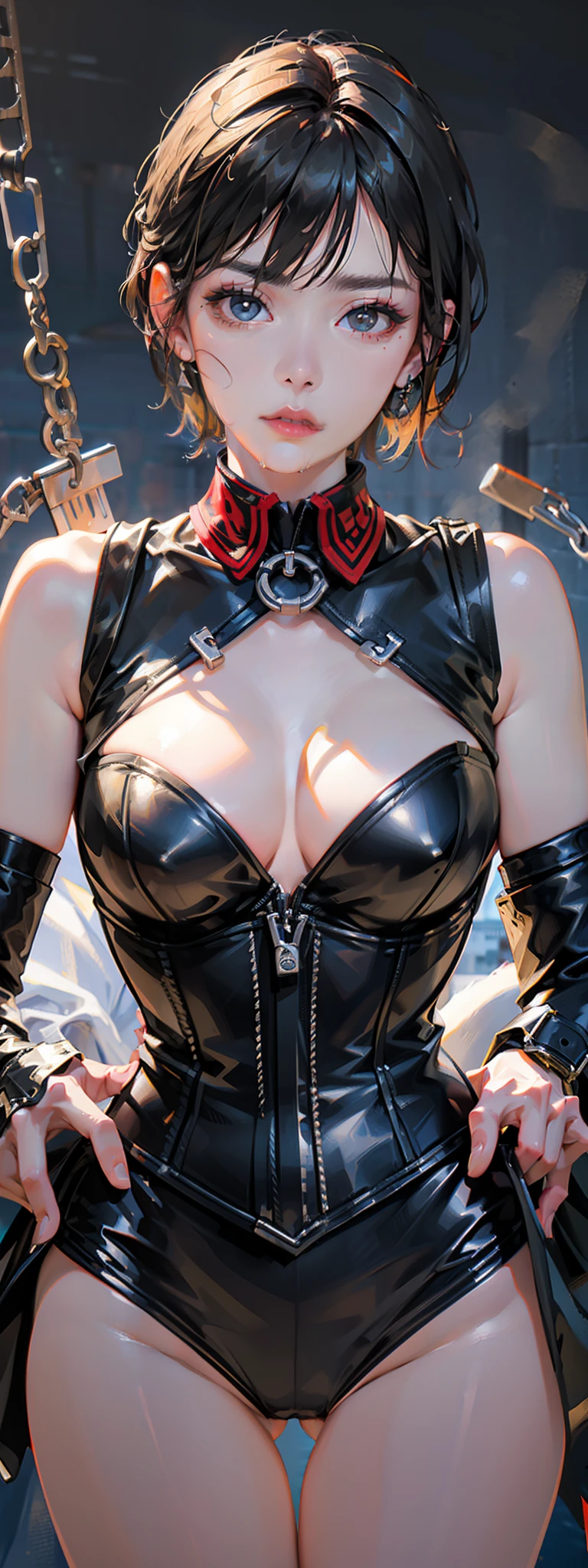 Handcuffs,BDSM,Slave,Rubber,Red Corset,Red Collar,NSFW,((Top Quality, 8k, Masterpiece: 1.3)), Sharp Focus: 1.2, Beautiful Woman with Perfect Figure: 1.4, Glamorous Figure, Overflowing Breasts, Tightly Squeezed Waist, (Seductive Buttocks), Wet Body: 1.5, Very Detailed Face and Skin Texture, Detailed Eyes, Double Eyelids, Very Short Hair, Best quality, masterpiece, ultra high res, (photorealistic:1.4), RAW photo