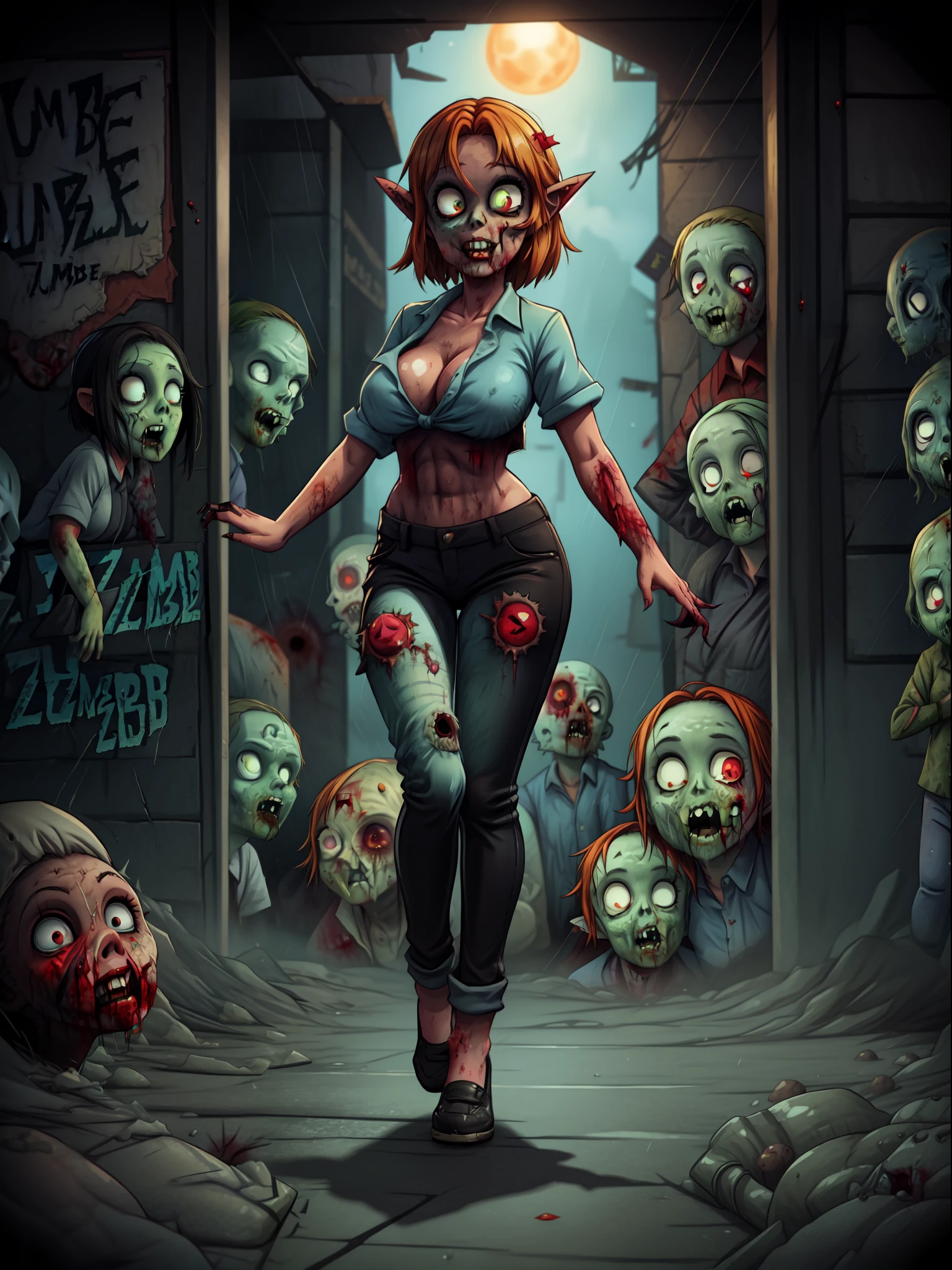 ((full body):1.5) ((1Woman and Zombies):1.5) Princess Zelda:{blue shirt and long black pants, shirt and pants extremely tight around her body, she has extremely heavy breasts, has short blue hair, has green eyes, is doing sexual pose, smiling, she is walking}; background: {grisly city, night, raining heavily, various zombies}, 16k, high quality, high details, UHD,