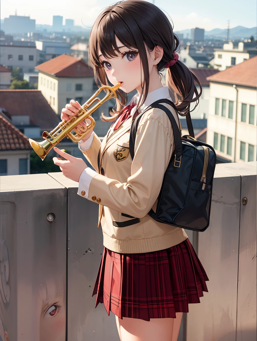 hig quality、high - resolution、high picture quality、Girl Playing Trumpet、Student uniform、kawaii girl、School rooftop、