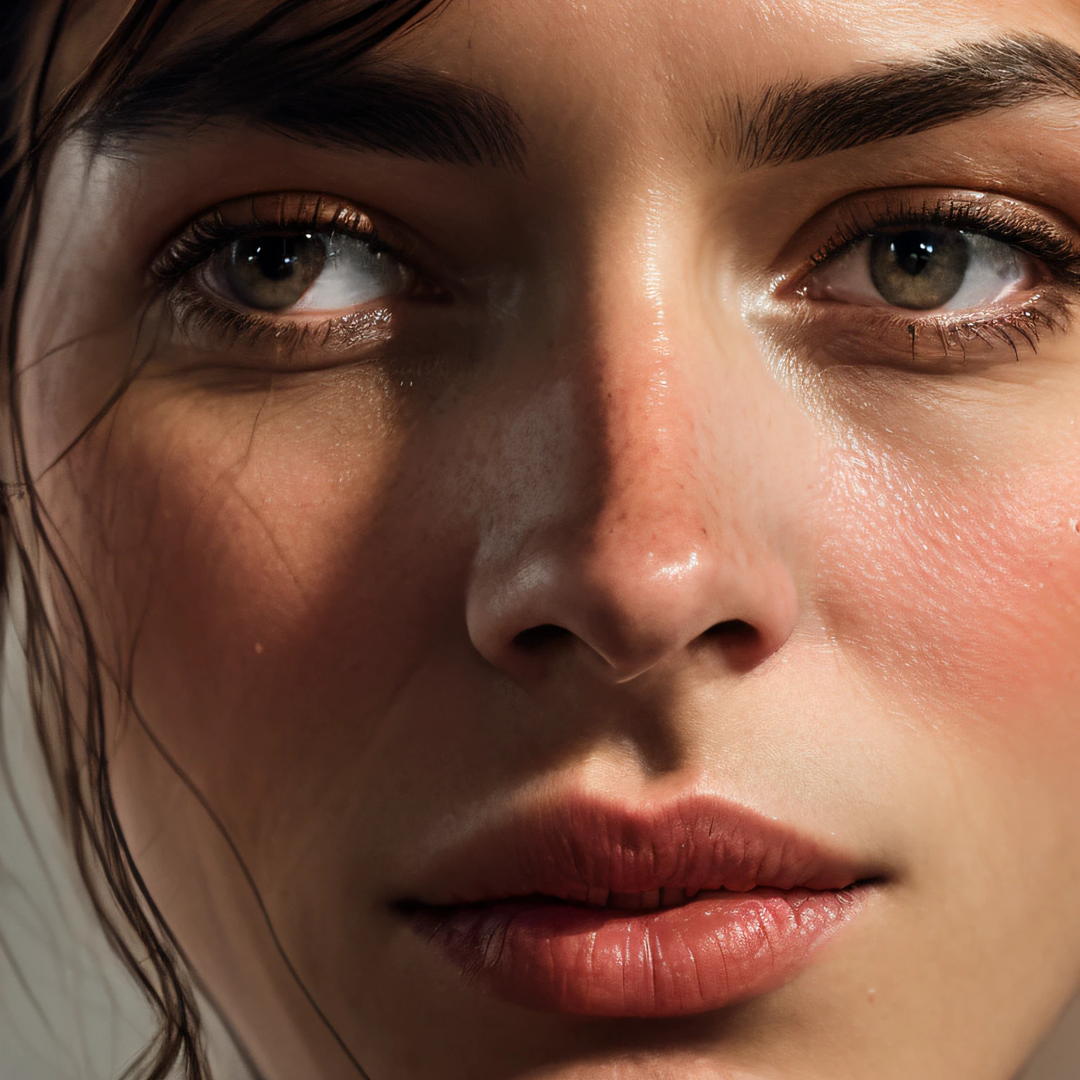 Close-up photography of the face of a 30 years old woman, (by Alyssa Monks:1.1), by Joseph Lorusso, by Lilia Alvarado, beautiful lighting, sharp focus, 8k, high res, (pores:0.1), (sweaty:0.8), Masterpiece, Nikon Z9, Award - winning photograph, (perfectly round iris:1.3)