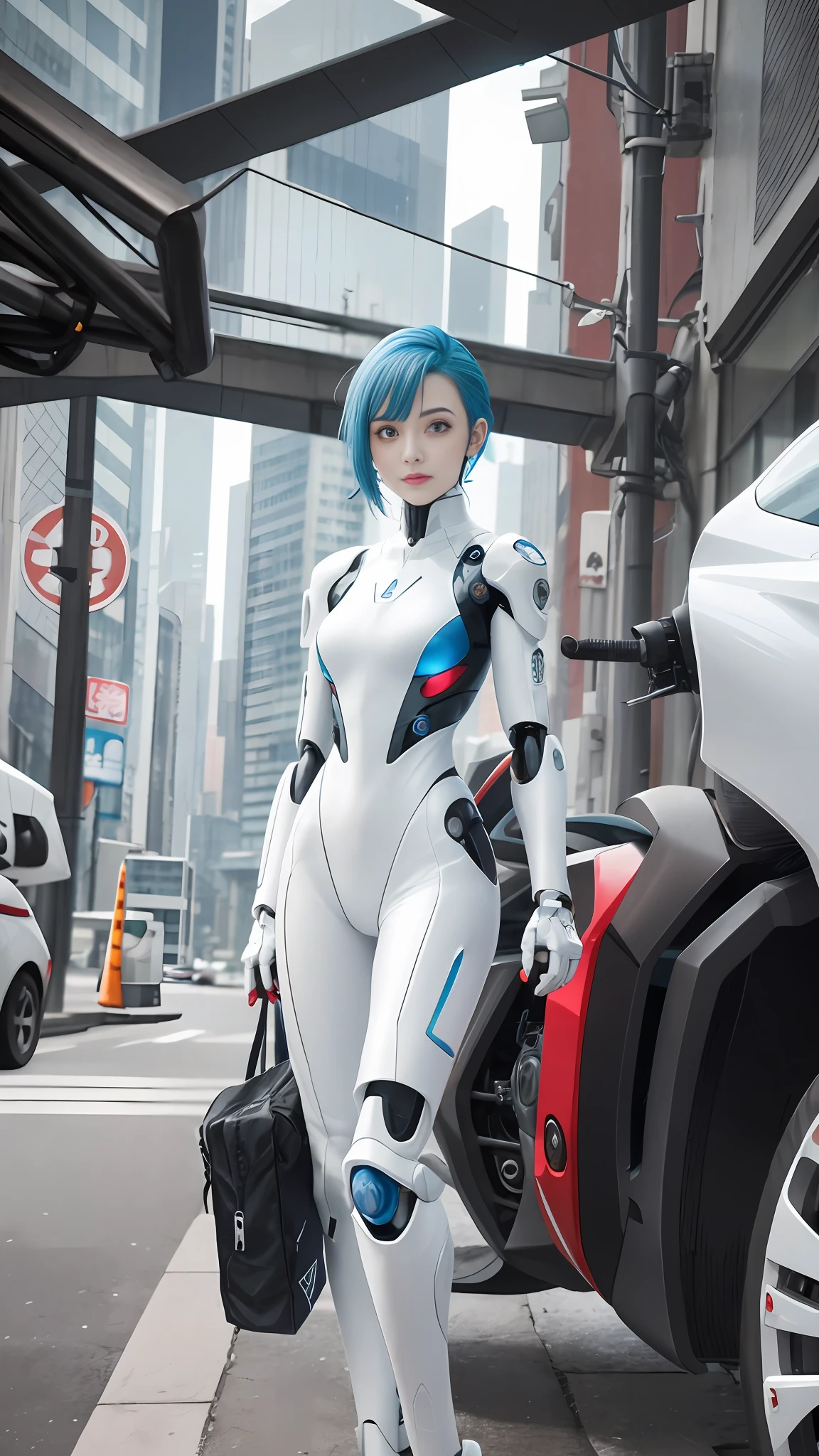 There is one wearing a white suit,Blue haired woman poses, cyber suit, perfect android girl, perfect anime cyborg woman, cyber suit, diverse cybersuits, cybersuit, styled like ghost in the shell, female cyberpunk anime girl, sci - fi suit, cyborg girl, cute cyborg girl, cyborg - girl, anime cyborg, cyberpunk anime girl mech, cyberpunk suit
