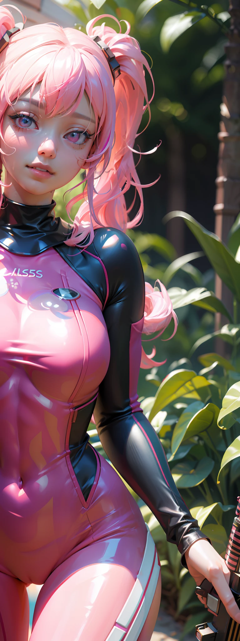 ulzzang-6500-v1.1,(raw photo:1.2),((photorealistic:1.4)),best quality ,masterpiece, illustration, an extremely delicate and beautiful, extremely detailed ,CG ,unity ,8k wallpaper, Amazing, finely detail, official art,extremely detailed CG unity 8k wallpaper,absurdres, incredibly absurdres, huge filesize, ultra-detailed, highres, beautiful detailed girl, extremely detailed eyes and face, beautiful detailed eyes,light on face,cinematic lighting,((extremely pink tight suit clothing)),1girl,full body,full-body shot,looking at viewer,((light pink hair)), red eyes,((bliss)), best detailed background, ((cosplay)), (smile), twintails, ((hold a rifle)),