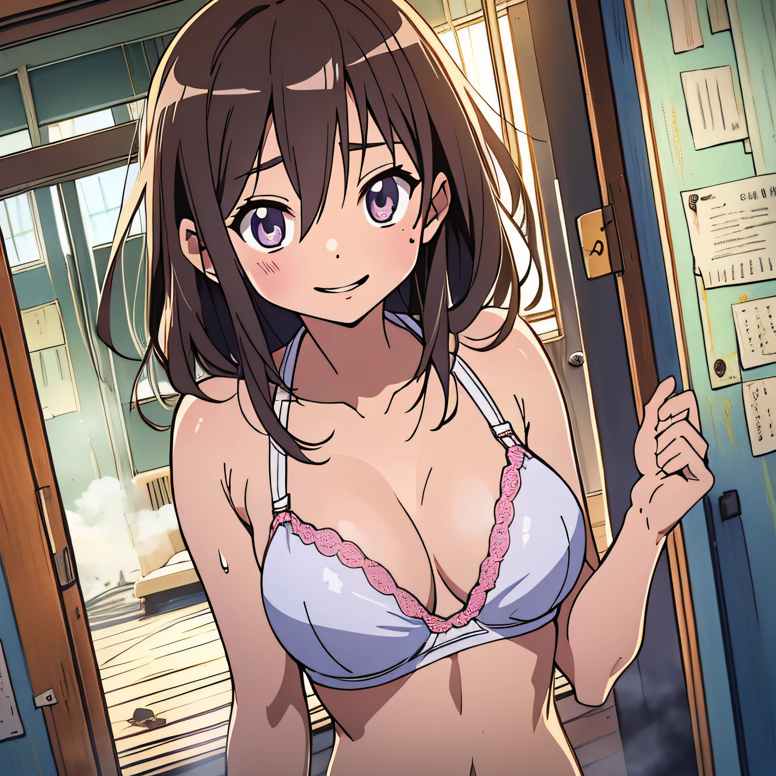 Misao Kusakabe、a smiling look、double tooth、{{{Sheer underwear}}}、{{Wet skin}}、{{Wet clothes}}、(masterwork)、(best qality)、 (ultra- detailed)、(the best illustration)、brown-hair、Shorthair、Hanging eyes、 (grabbing own breasts:1.2)、 looking a viewer,Perfect body、yo、 (extremely delicate and beautiful)、Fine detail、hotel、inside room、bathroom、All naked、towel、lighting、Hajirai、steam、uniforms、(sunburn marks)