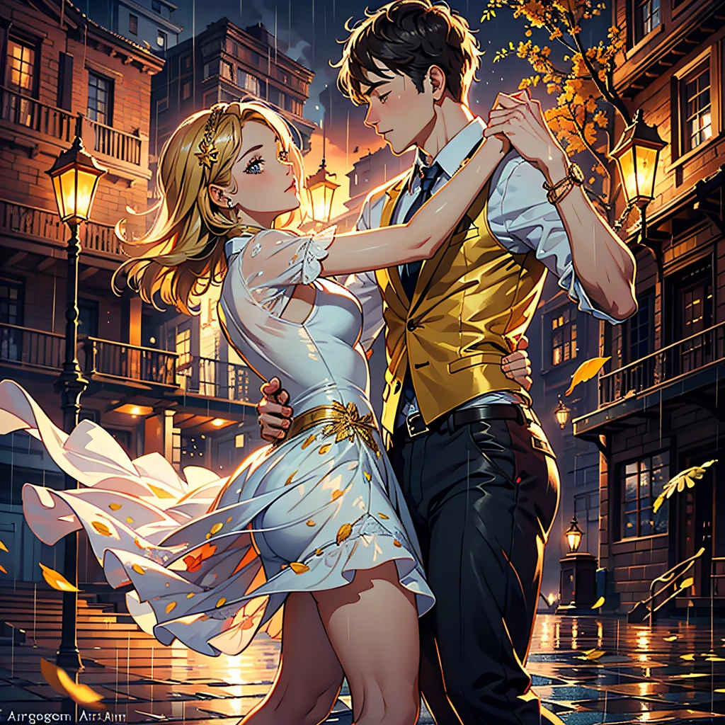 Young couple dancing on the Jupiter at sunrise, 8k, intricate detail, hyperdetailed, vibrant colors, a faded golden petals rain on the background, professional photo, art by Leonid Afremov,(art by argerm)