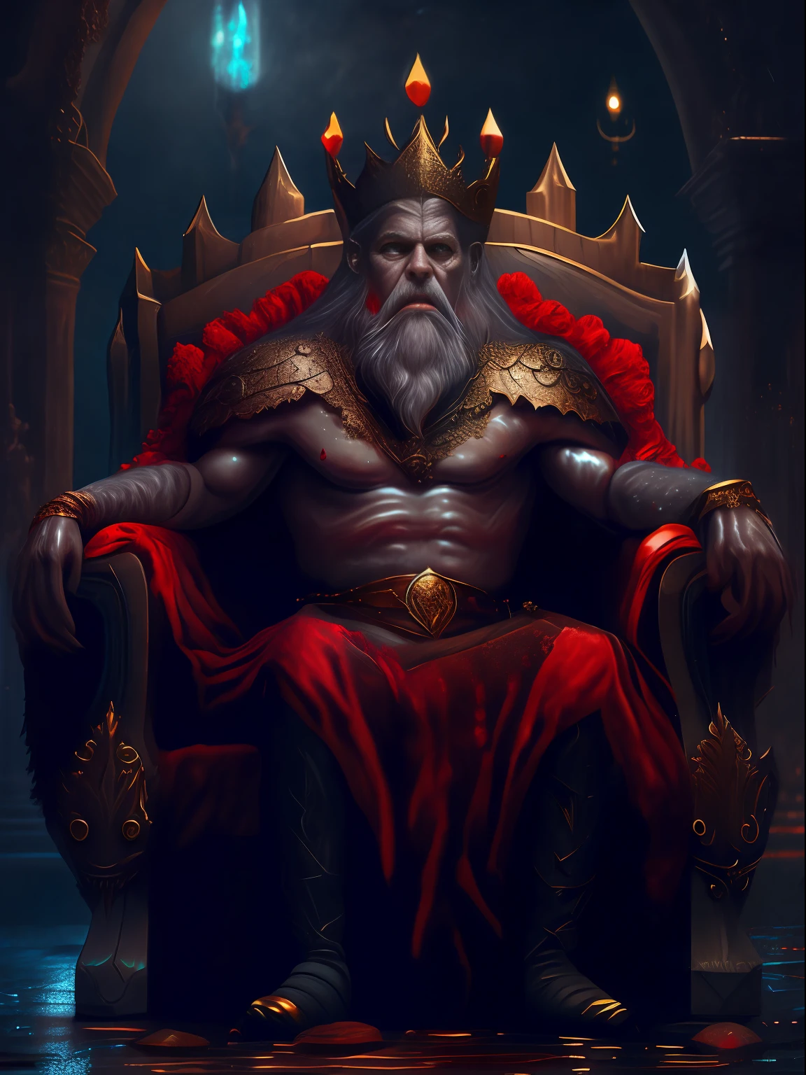 an old werewolf king sitting on the throne in the heart of Glas city, the throne is a very wet place full of puddles and leaks, majestuoso, intimidante, armadura ornamentada, Corona Real, fondo borroso, natural lighting, pelo corto dos coletas, Mirando al espectador, con dos panteras con ojos rojos, muy brillante, Frente, sentado a ambos lados del trono, hiperreal, tension, cold, Altamente detallado, Sharp focus, profesional, 8k UHD, cinematic, oscuro, violento , 8K altamente detallado
