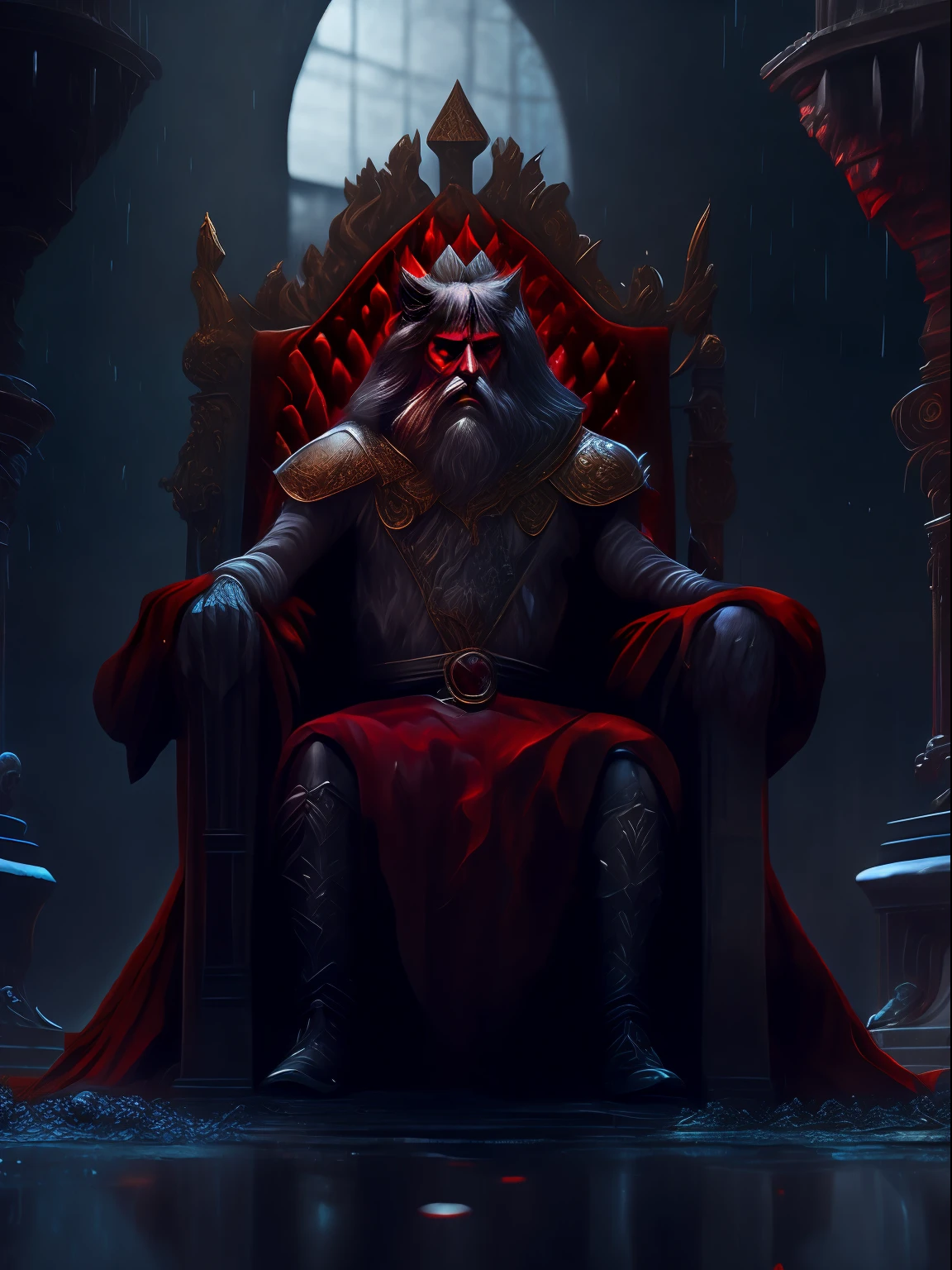 an old werewolf king sitting on the throne in the heart of Glas city, the throne is a very wet place full of puddles and leaks, majestuoso, intimidante, armadura ornamentada, Corona Real, fondo borroso, natural lighting, pelo corto dos coletas, Mirando al espectador, con dos panteras con ojos rojos, muy brillante, Frente, sentado a ambos lados del trono, hiperreal, tension, cold, Altamente detallado, Sharp focus, profesional, 8k UHD, cinematic, oscuro, violento , 8K altamente detallado