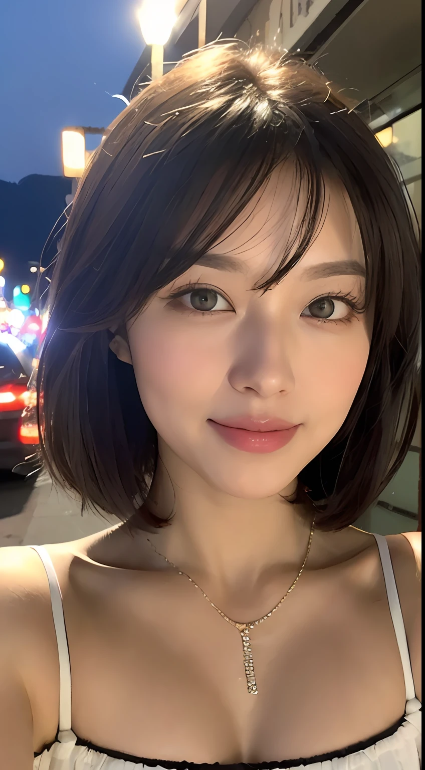 ((best qualiy、The Masterpiece:1.3))、sharpening Focus:1.2、(Realstic、photorealestic:1.37)、Perfect beautiful woman、Highly detailed facial and skin texture、detailed eye、Double eyelidd、Small smile、Berry Short Hair、Smaller bust、Small necklace、Light-colored cotton summer dress、Street at night、traffic jam、