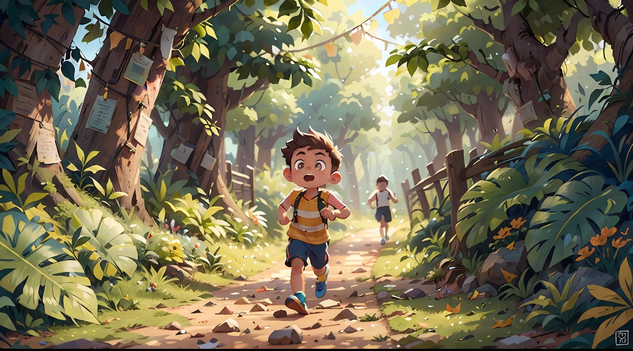 ((um menino 6 anos de idade)), (um garoto), (com roupas de detetive), usando oculos, ((cabelo cacheado)), cabelo castanho claro, expression of euphoria, atravessou a floresta correndo, conhecida por ser arborizadas, junto com o ratinho, ratinho correndo