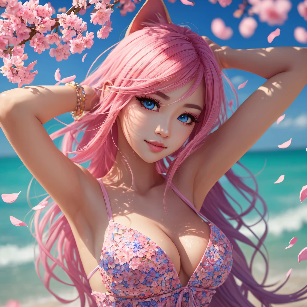ultra cute Ahri in a huge pile of cherry petals, ultra joyful, bright blue eyes, pink-orange gradient hair, wearing a ultra thin gradient beach dress made from sakura petals, lut, ultra warm and bright day, skin indentation, warm vibrant pastel colors, cinematic, insane details, intricate details, hyperdetailed, closeup, 8k, volumetric light, depth of field, Luminous Studio graphics engine, perfect anatomy, completely clean body, korean makeup aework by ZhangFuzeng💦