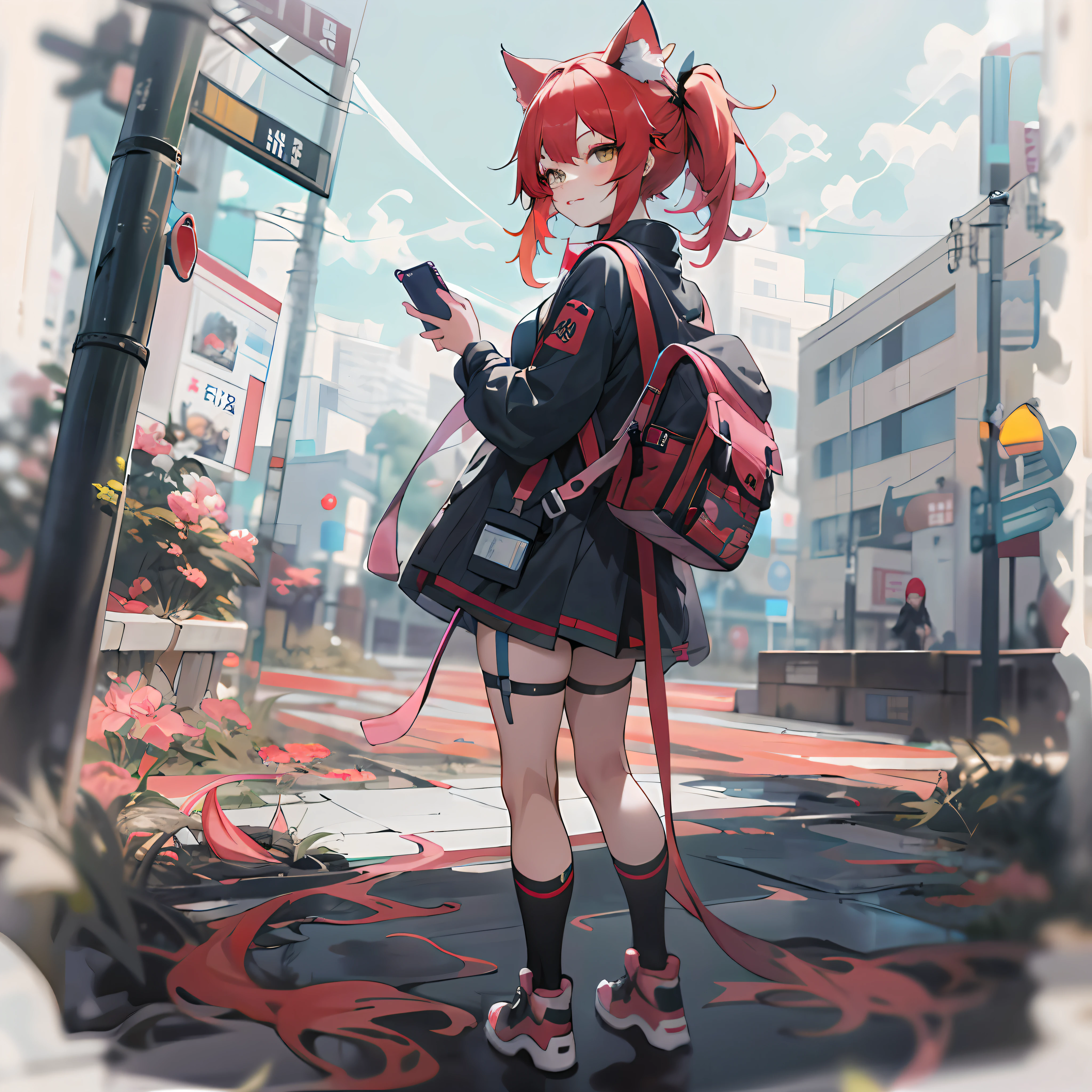 anime girl with red hair and a backpack looking at her phone, guweiz on pixiv artstation, anime catgirl, anime girl with cat ears, artwork in the style of guweiz, Guweiz on ArtStation Pixiv, beautiful anime catgirl, cute anime catgirl, An anime girl, trending on artstation pixiv, girls frontline style