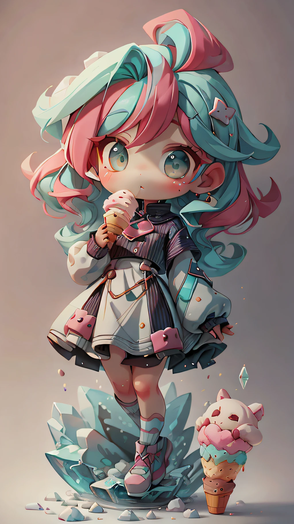 plastican00d, 1girls, Chibi T-Shi, Colored hair, Luxury fabrics, dithering, Ice cream texture,Profound, looks at the viewer, Striped background