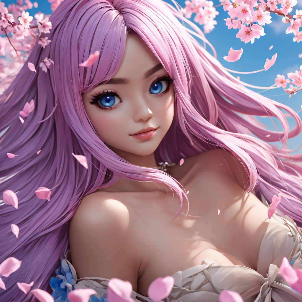 ultra cute Ahri in a huge pile of cherry petals, ultra joyful, bright blue eyes, pink-orange gradient hair, wearing a ultra thin gradient beach dress made from sakura petals, lut, ultra warm and bright day, skin indentation, warm vibrant pastel colors, cinematic, insane details, intricate details, hyperdetailed, closeup, 8k, volumetric light, depth of field, Luminous Studio graphics engine, perfect anatomy, completely clean body, korean makeup aework by ZhangFuzeng💦