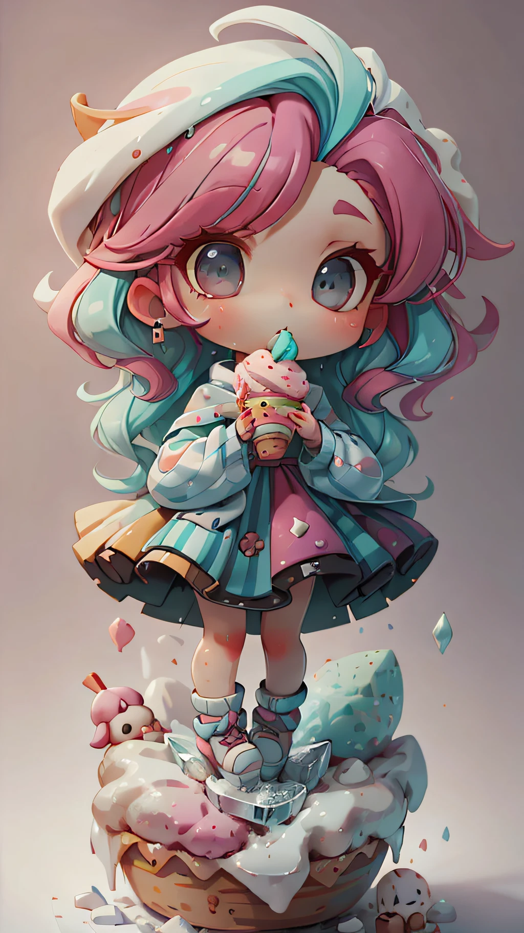 plastican00d， 1girls， Chibi T-Shi， Colored hair， Luxury fabrics， dithering， Ice cream texture，Profound， looks at the viewer， Striped background