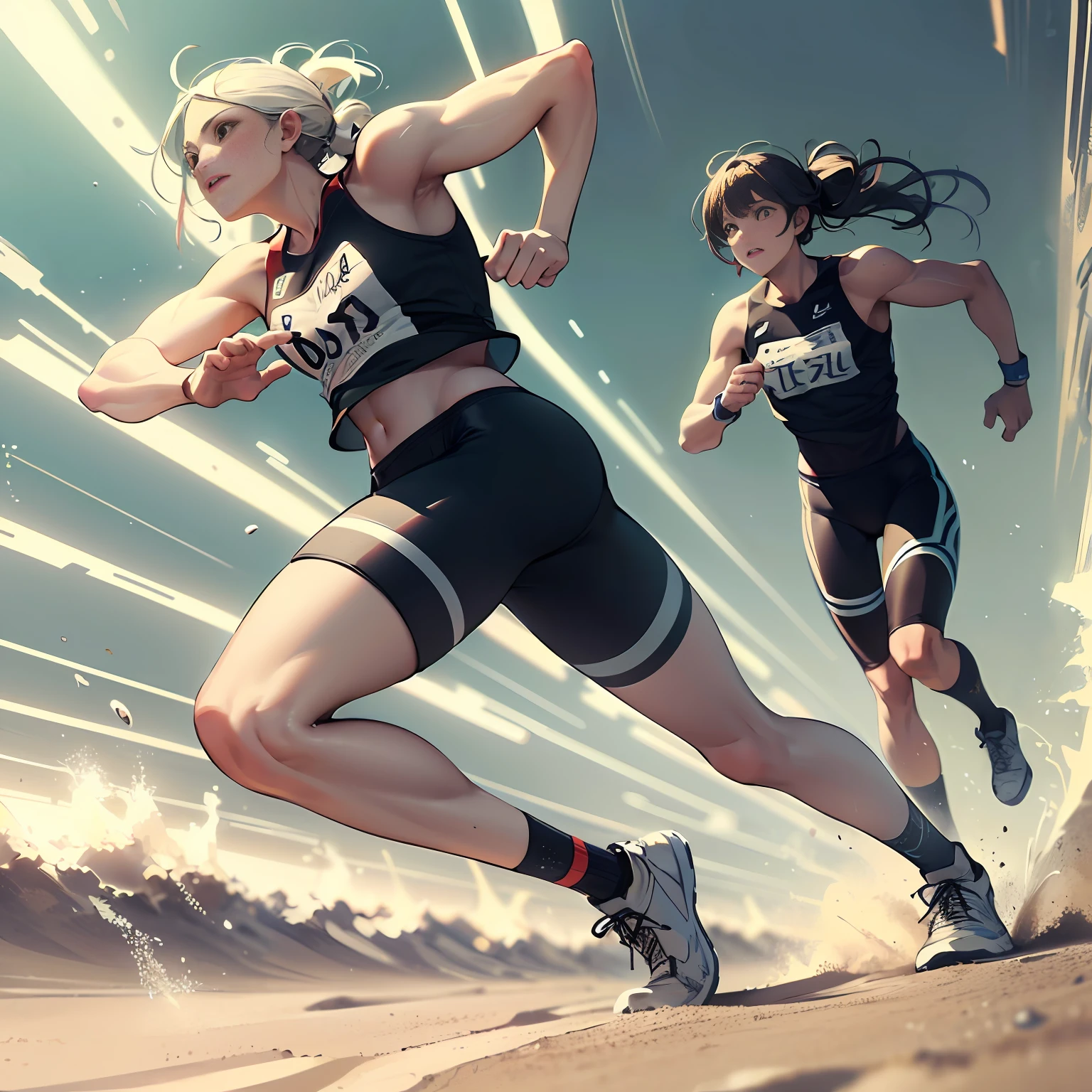 Create an energetic image capturing the emotion of a foot race on the beach sand, with vibrant colors as several athletes wearing sneakers run towards the finish line, Generate an opaque representation of a foot race, with soft colors and image representations uninspiring of athletes lack of enthusiasm and motivation, cores contrastantes brilhantes para aumentar o dinamismo de corrida, low-angle shot following athletes' movements, natural lighting with warm tones to enhance running ambience