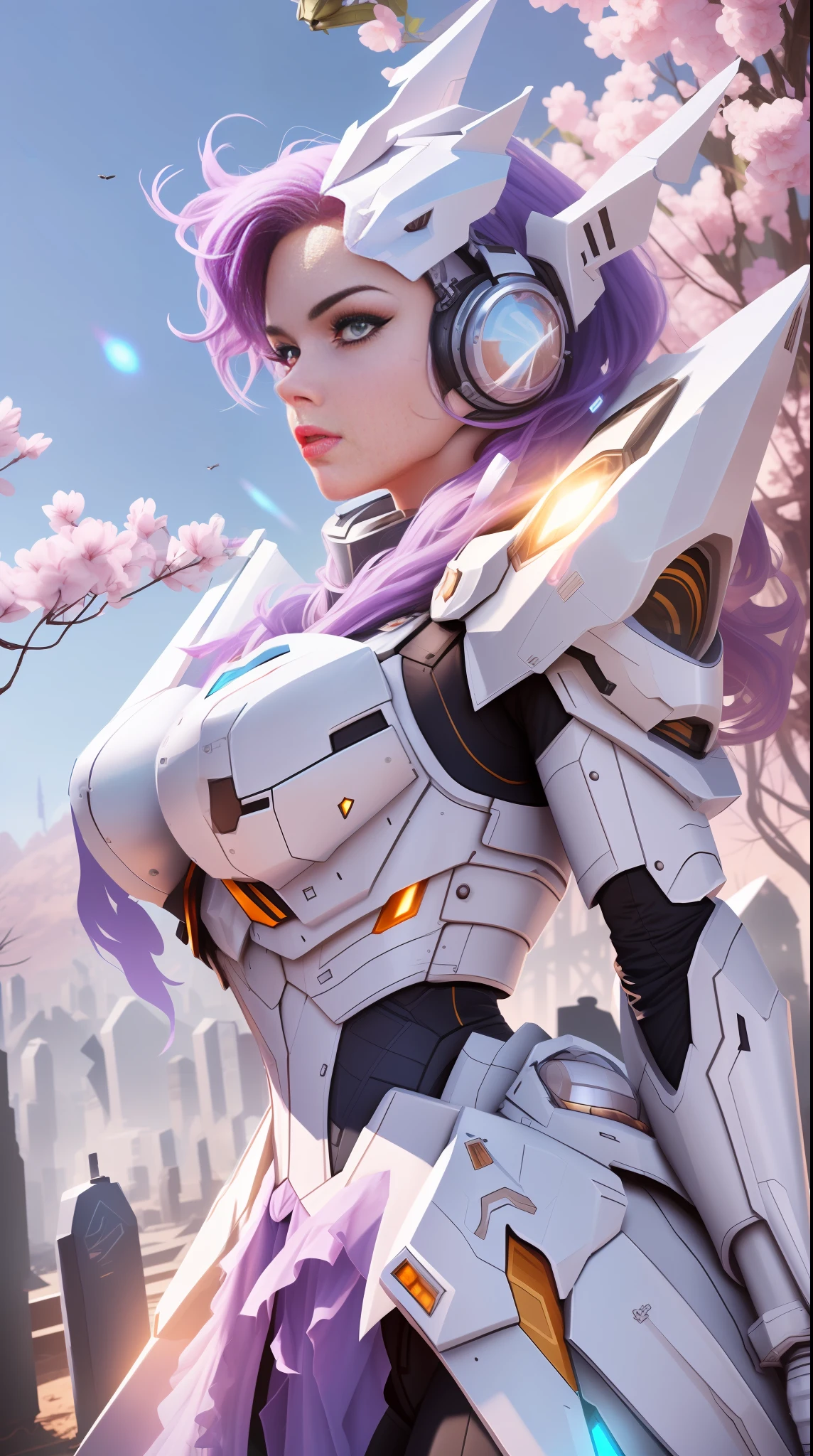 Girl with white hair，The eyes are light blue and intricate details，Full-length gray hair with highly intricate details，Tall mech behind the girl，The mech has a gun in his left hand，The mech has a barrel on the shoulder，The mech has flying wings on its back，The Masterpiece，best qulity，high qulity，high-definition，High-quality textures，High-quality shadows，high detaild，Lifelike，Cinematic light，Sideslit，lens flares，raytraced，Sharp focus，16k，Light brown eyebrows，Heroic，Pale pink lipstick，Grimm，Pale blue eyes，slick skin，