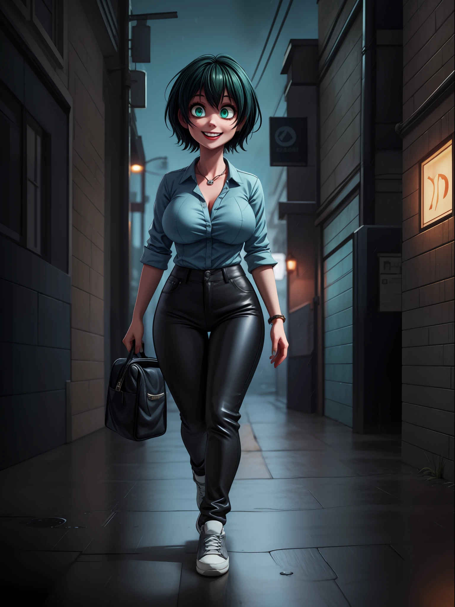 ((full body):1.5) ((1Woman):1.5) and (Zombies):1.3) 1Woman:{blue shirt and long black pants, shirt and pants extremely tight around her body, she has extremely heavy breasts, has short blue hair, has green eyes, is doing sexual pose, smiling, she is walking}; background: {grisly city, night, raining heavily, various zombies}, 16k, high quality, high details, UHD,