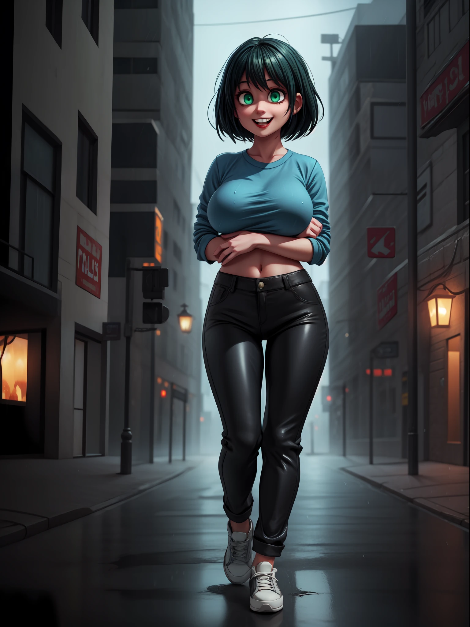 ((full body):1.5) ((1Woman):1.5) and (Zombies):1.3) 1Woman:{blue shirt and long black pants, shirt and pants extremely tight around her body, she has extremely heavy breasts, has short blue hair, has green eyes, is doing sexual pose, smiling, she is walking}; background: {grisly city, night, raining heavily, various zombies}, 16k, high quality, high details, UHD,