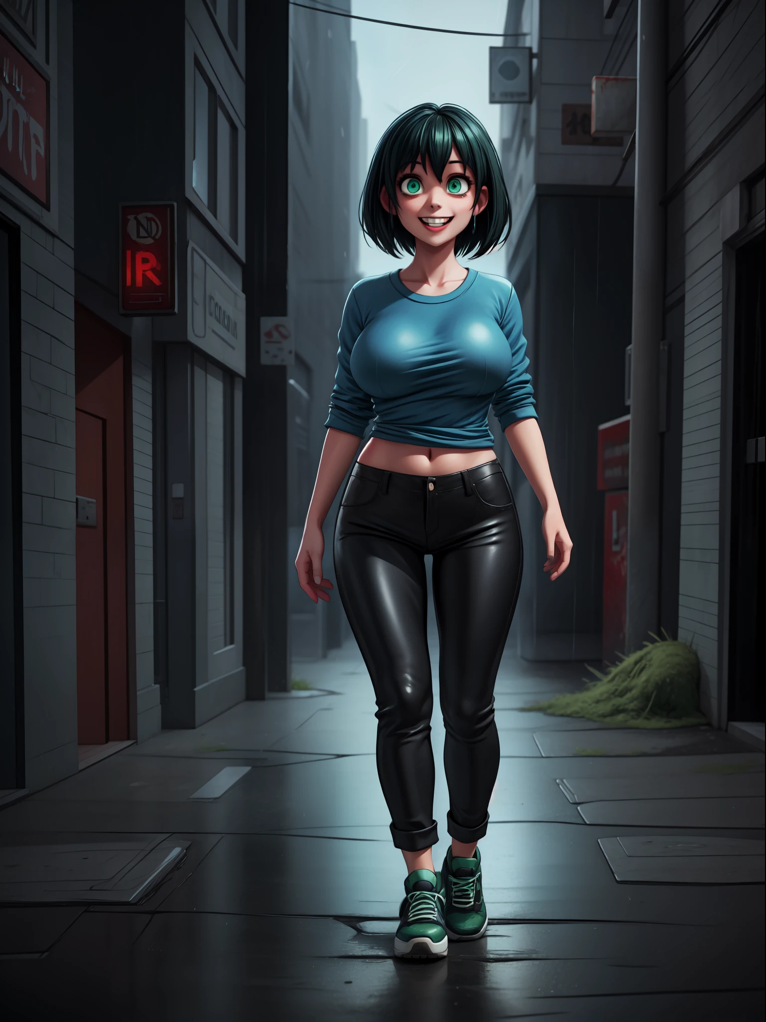 ((full body):1.5) ((1Woman):1.5) and (Zombies):1.3) 1Woman:{blue shirt and long black pants, shirt and pants extremely tight around her body, she has extremely heavy breasts, has short blue hair, has green eyes, is doing sexual pose, smiling, she is walking}; background: {grisly city, night, raining heavily, various zombies}, 16k, high quality, high details, UHD,