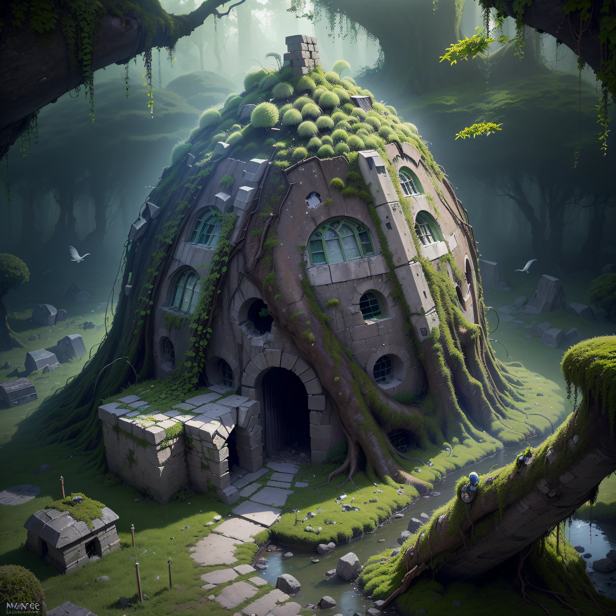 (Numerous award-winning masterpieces, with incredible detail, textures and maximum detail), (hyper realistic:1.4), (realistic:1.3), (best quality real texture skin), ((((Giant spacecraft broken and half buried in the ground after crash)))), (((Covered in moss, tree roots and beautiful plants))), (((Some of the powerful power sources are still operational))), ((A medieval European-style stone ruin city built as a parasite on the outer wall of a spaceship)), (((Full view))), (bird's-eye view), (Stone town covered with moss and ivy), (Abandoned Giant Spaceships and Stone Towns Return to Nature), (tree roots, ivy plants, beautiful plants crawling on exterior walls), (Eroded by clear water), (Partially collapsed buildings: 0.6)
