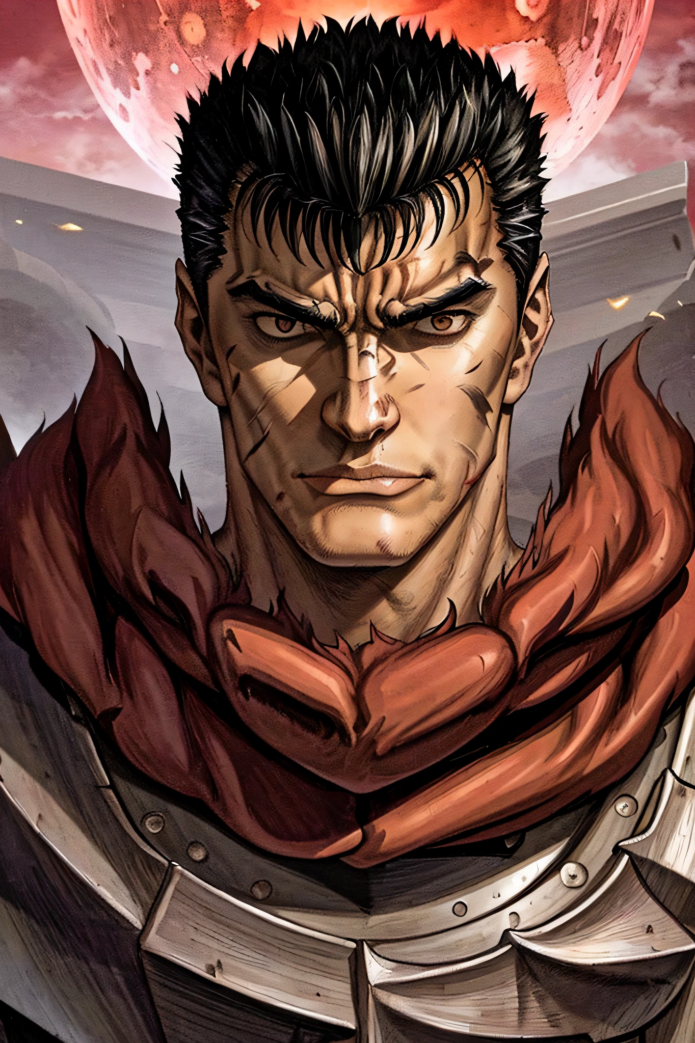 masterpiece, best quality, highly detailed, guts \(berserk\), 1boy, armor, bandages, black hair, cape, full moon, huge weapon, male focus, manly, moon, multicolored hair, one eye closed, scar, solo, sword, weapon, white hair