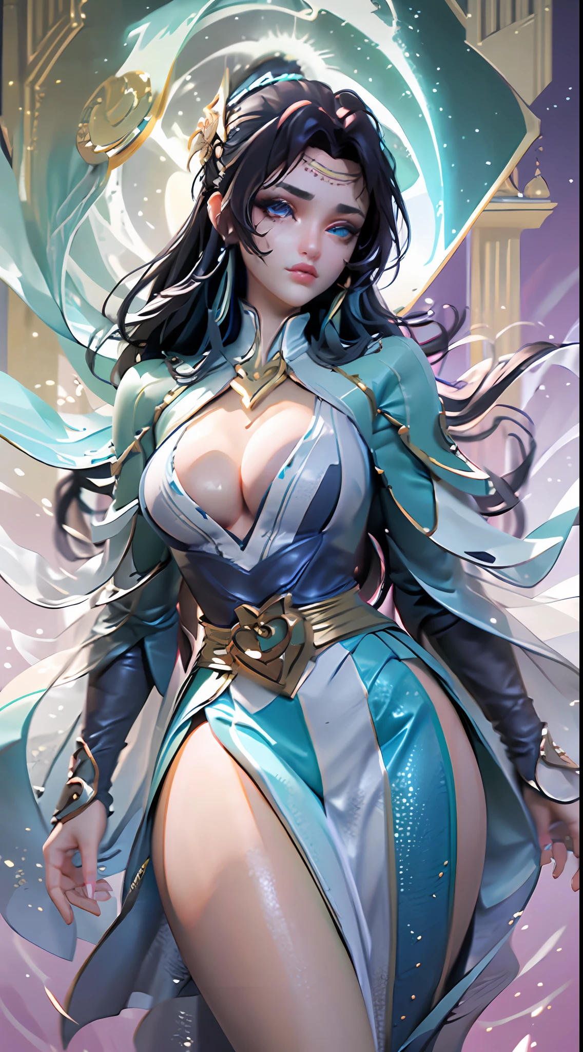 (Best quality, 4k, Masterpiece :1.3), beautiful woman, hyper realistic, 1girl, (massive breasts, attractive body :1.2), Wallpaper HD, Standing on castle, ultra-detailed face, detailed lips, detailed eyes, double eyelid, sensual low-necked dress, open neckline, hanging breasts, Walking pose, visible curves, transparent robe, muscular turned leg, shiny body