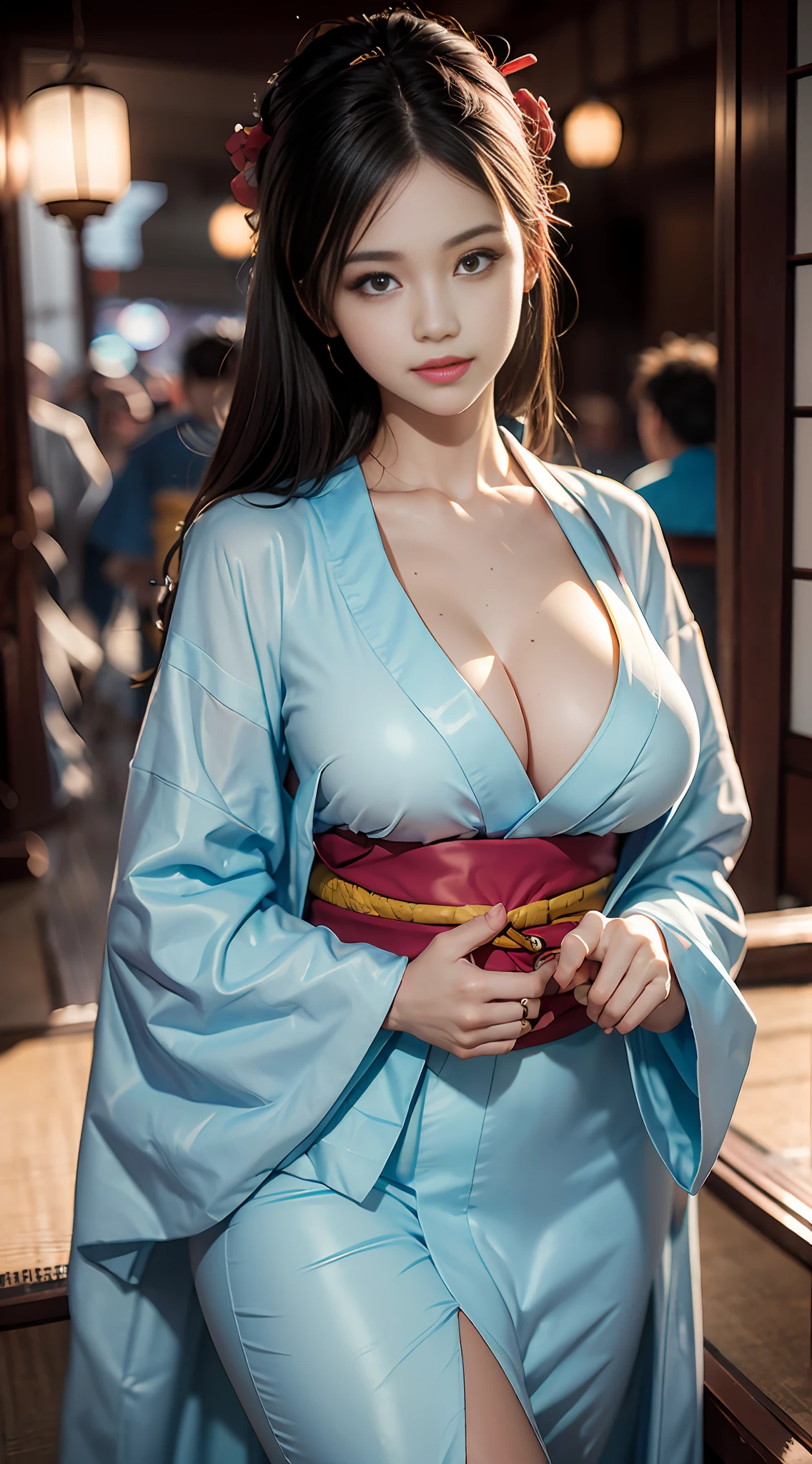 Top best Quality、pfotorealistic、8K、Highresolution、girl 1 person、woman with、(Dents in the skin)、(Professional lighting)、(kimono:1.74)、Luxury、(((big chest、narrow waist)))、(Girl looking at viewer one eye:1.54)、((Watching the viewer:1.6)) 、(is looking at the camera)、pfotorealistic、(bokeh feeling)、(dinamic pose:1.2)、masterwork、intricate、Realstic、sharpening Focus、award winning photography、Sorrisos