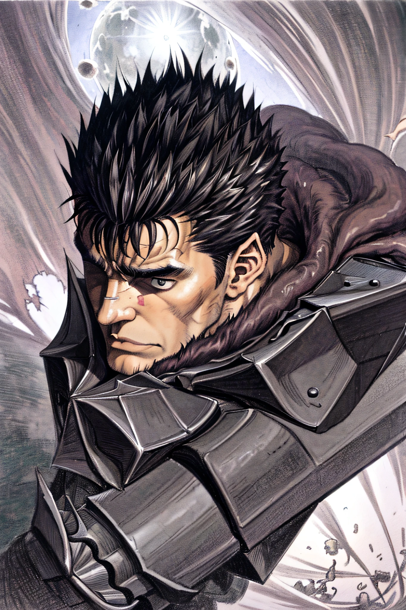 masterpiece, best quality, highly detailed, guts \(berserk\), 1boy, armor, bandages, black hair, cape, full moon, huge weapon, male focus, manly, moon, multicolored hair, one eye closed, scar, solo, sword, weapon, white hair