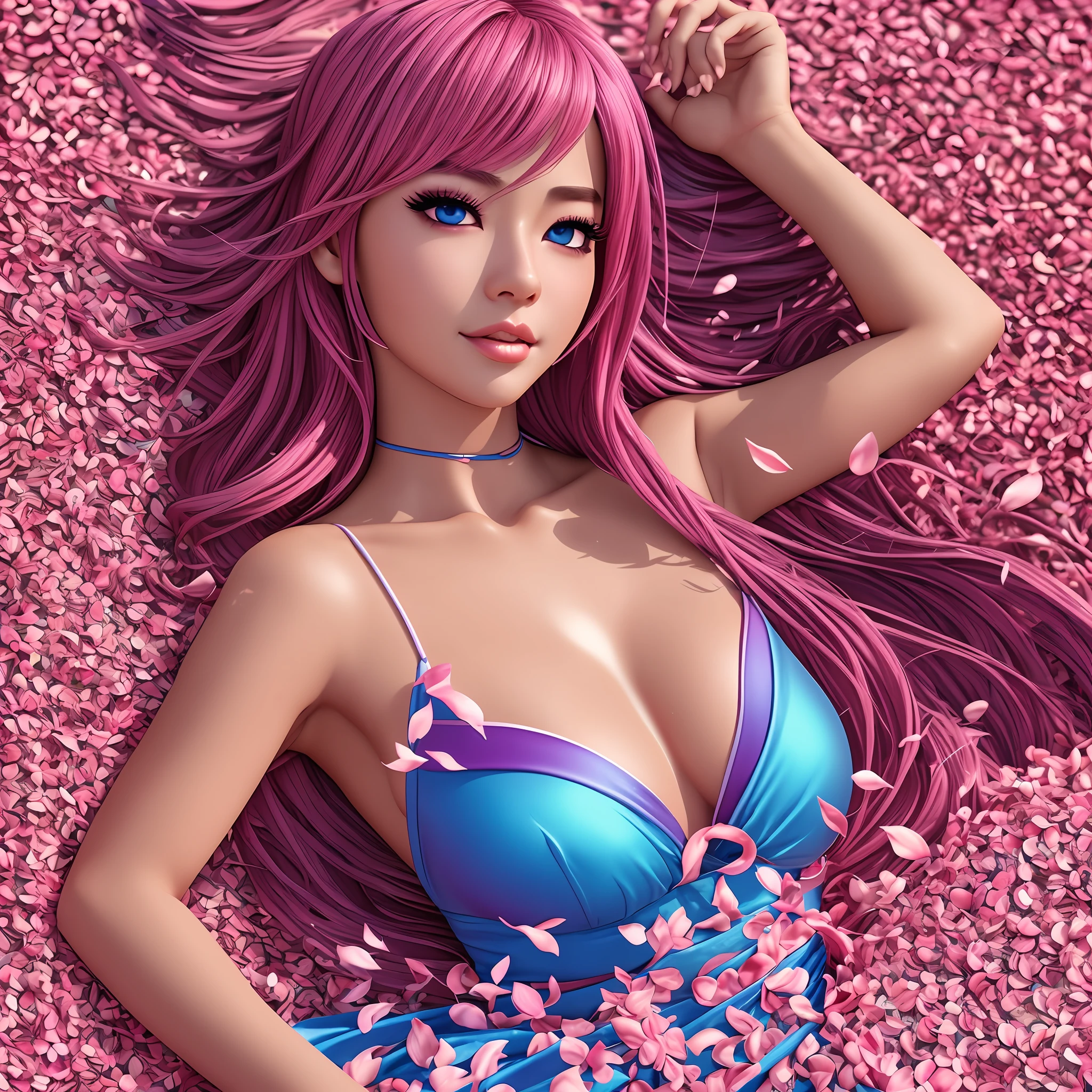Ahri in a huge pile of cherry petals, ultra joyful, bright blue eyes, pink-orange gradient hair, wearing a ultra thin gradient beach dress made from sakura petals, ultra warm and bright day, skin indentation, warm vibrant pastel colors, cinematic, insane details, intricate details, hyperdetailed, closeup, 8k, volumetric light, depth of field, Luminous Studio graphics engine, perfect anatomy, completely clean body, korean makeup aework by ZhangFuzeng💦