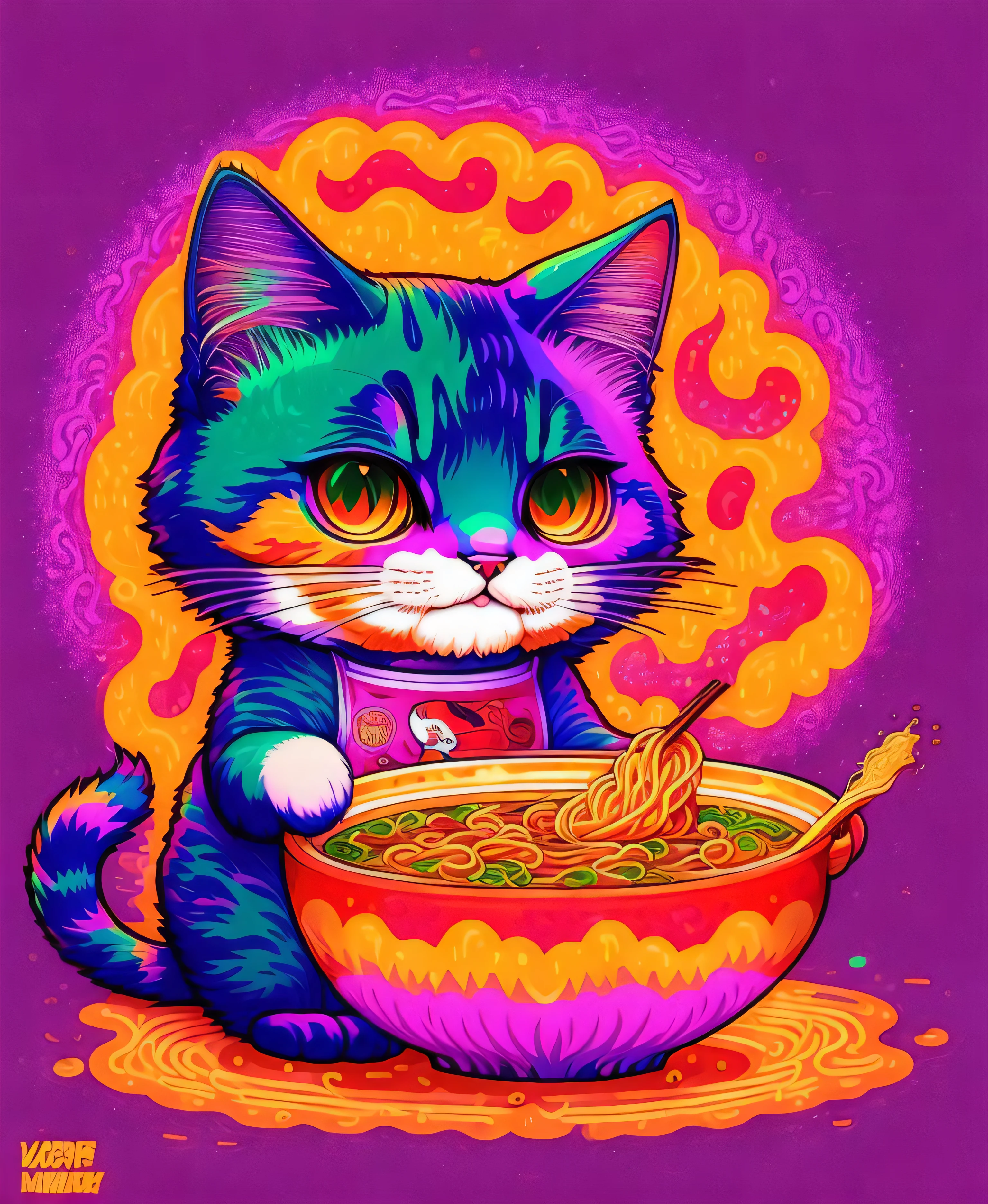 cat eating ramen, trippy colors, cartoon style, comic style, manga style
