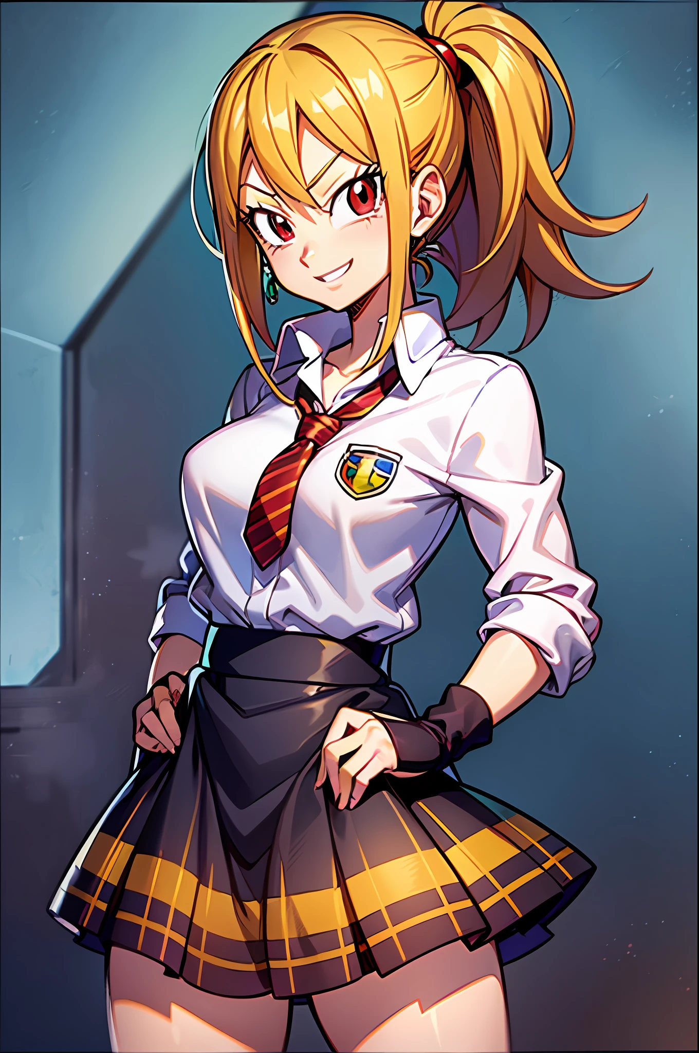 light smile, schoolgirl attire, white blouse with yellow jacket, green striped tie, red plaid skirt, red eyes and red hair in a twin ponytail, (style of dragon ball z and fairy tail anime), (illustrated by Akira Toriyama and Hiro Mashima), (style mixing), Lucy Heartfilia, Bulma