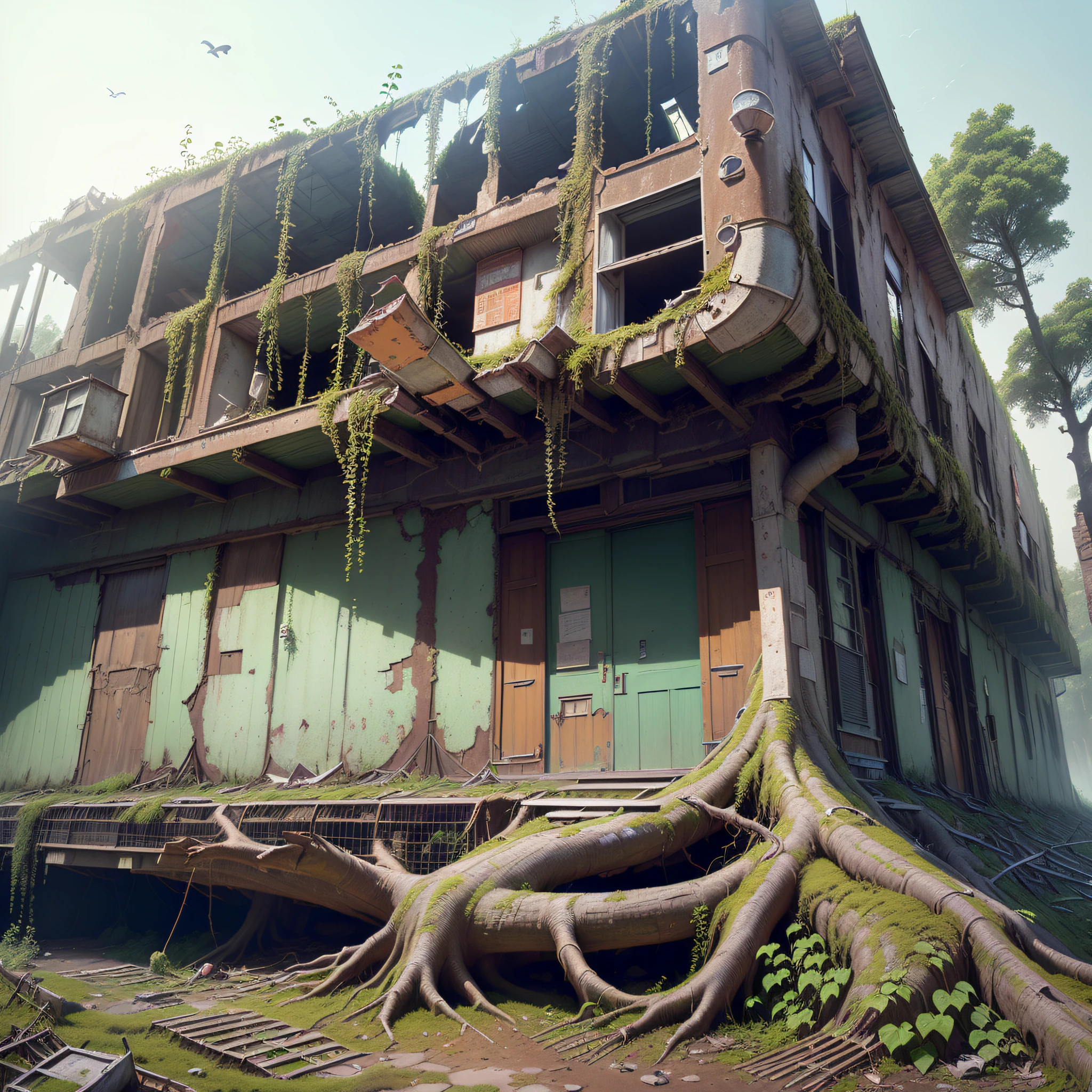 (Numerous award-winning masterpieces, with incredible detail, textures and maximum detail), (hyper realistic:1.4), (realistic:1.3), (best quality real texture skin), ((((A huge spaceship of abandoned and partially rusted metal It is broken and half buried in the ground, but its shape is clearly discernible)))), (((Covered in moss, tree roots and beautiful plants))), (((Some of the powerful power sources are still operational))), ((Medieval European-style ruins built to assimilate into the exterior walls of part of the spaceship)), (((Full view))), (bird's-eye view), (Buildings covered with moss and ivy), (Abandoned giant spaceships and medieval buildings return to nature), (tree roots, ivy plants, beautiful plants crawling on exterior walls), (Eroded by clear water), (Partially collapsed buildings: 0.6)