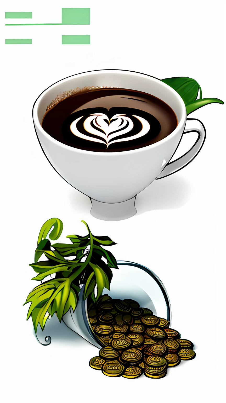 there is a pot of gold coins with a leaf sticking out of it, planta em vaso, Asian Dragon as Latte Art, vista completa fundo em branco, the sacred cup of understading, official rendering, Estandarte, inspirado em Pu Hua, inspired by Masamitsu Ōta, inspirado em Luo Mu, feito com ilustrador, cup of coffee, graphic of enchanted terrarium