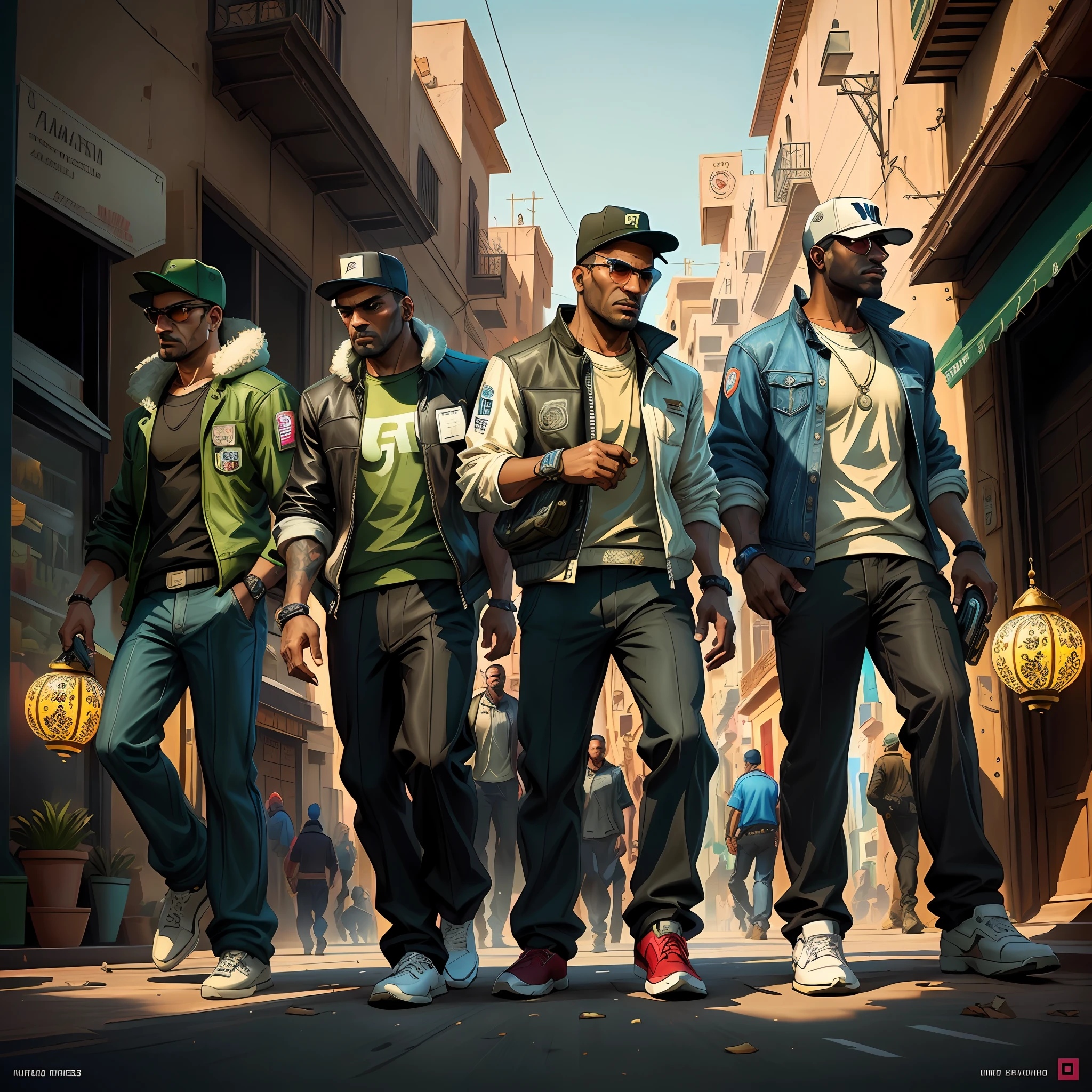 Image of a group of Moroccan men walking down a street in Marrakech, avec des manettes ps4 dans les mains, Dressed as Moroccan, 2D Game Art GTA Cover, 2 D Game Art GTA Cover, Style artistique GTA, Grand Theft Auto Style, Style artistique GTA, Style de GTA V, 2D Game Art GTA5 Cover, Affiche du jeu, Style GTA, style of gta v artworks, Couverture GTA, gta loading screen art