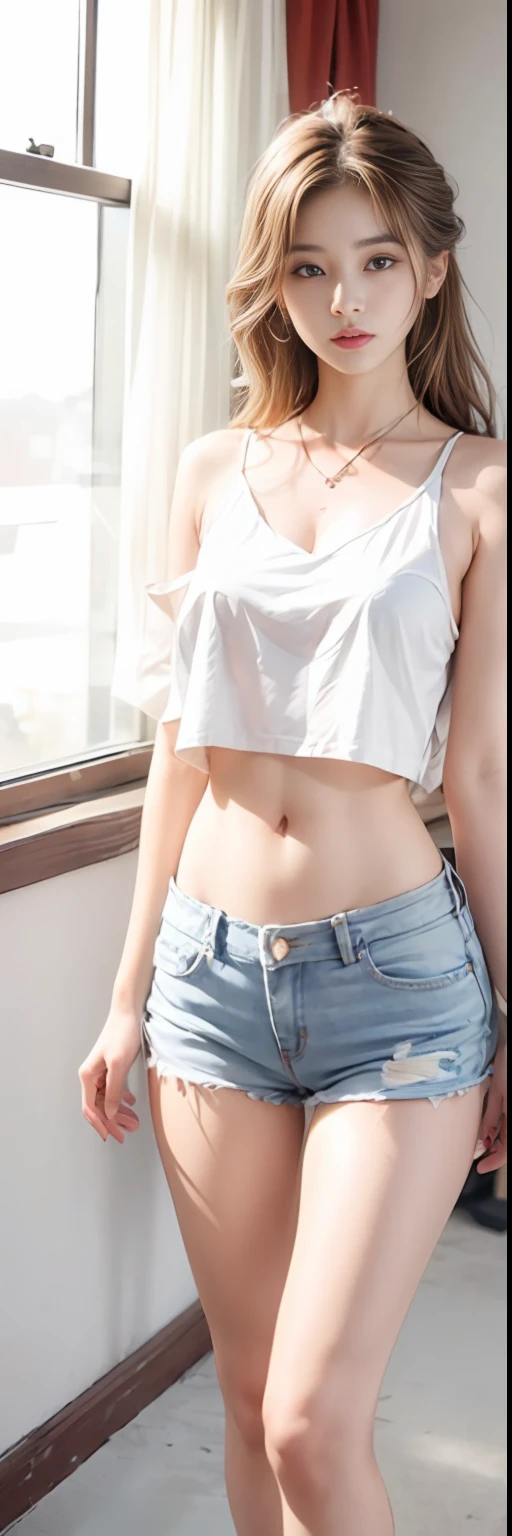there is a woman that is posing in a room with a window, gorgeous chinese model, korean women's fashion model, wearing a sexy cropped top, photo of slim girl model, hot with shining sun, gorgeous korean young woman, wearing a cute top, Casual clothes, open v chest clothes, wearing casual clothing, Sexy look, Sexy style, sultry body with sexy belly