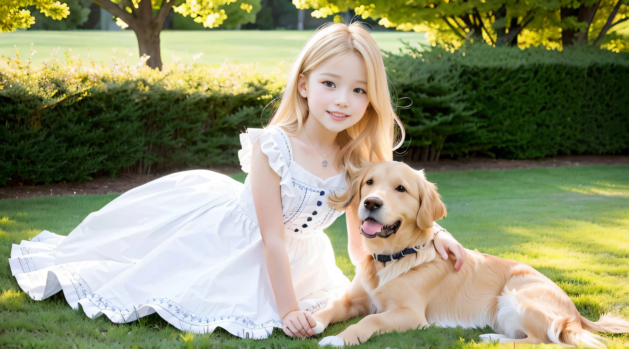 (Best Quality, Masterpiece: 1.1), (Realistic: 1.7), 1 Kids, One Girl, Cute, 7 Years Old, Smiling, (Blonde: 1.3), (Golden Retriever: 1.5), (French: 1.6), Ruffles, Fluffy Skirt, Ruffles, Embroidery, Sitting, Mirroring from the Side, Hair Up,