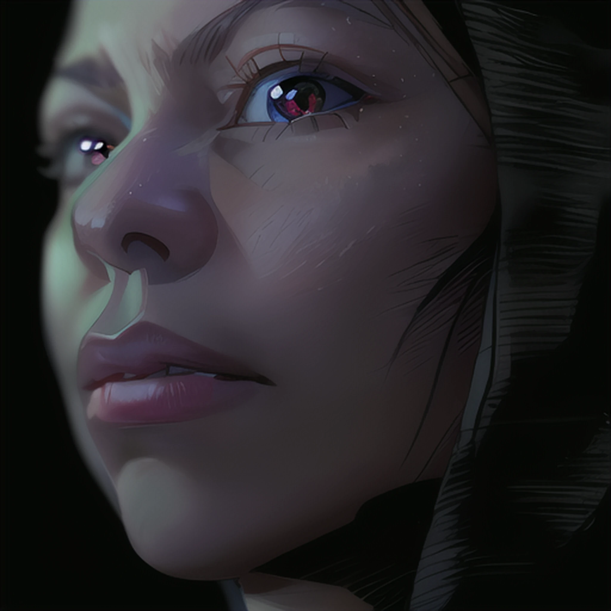 ((close up portrait of middled age woman with a hood on & with giant eyes & tiny nose & wide thick mouth!!!:1.5)), she is looking at the camera & her expression is solemn, colorfull anime portait, colorfull anime profile, solemn expression, mysterious portrait of a woman, inspired by Naruto anime series, myself, mysterious portrait, mysterious eerie portrait, night!!! (((masterpiece))), (((best quality))), ((ultra-detailed)), (highly detailed anime illustration), ((an extremely delicate and beautiful)),(from side),cinematic light,((1anime woman)),solo, black background, extreme detailed,colorful,highest detailed