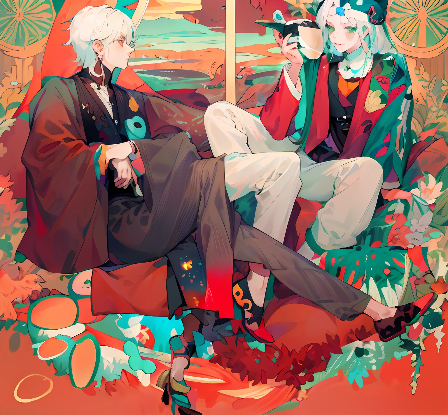 Anime characters sitting on chairs，The background is sunset, anime party of friend of wisdom, in ryuuou no oshigoto art style, korean art nouveau anime, official fanart, dreamy psychedelic anime, !!Full body portrait!!, inspired by Konstantin Somov, officlal art, High-quality fanart, official illustration, anime art nouveau cosmic display，The man on the left has white hair，The man on the right has green hair